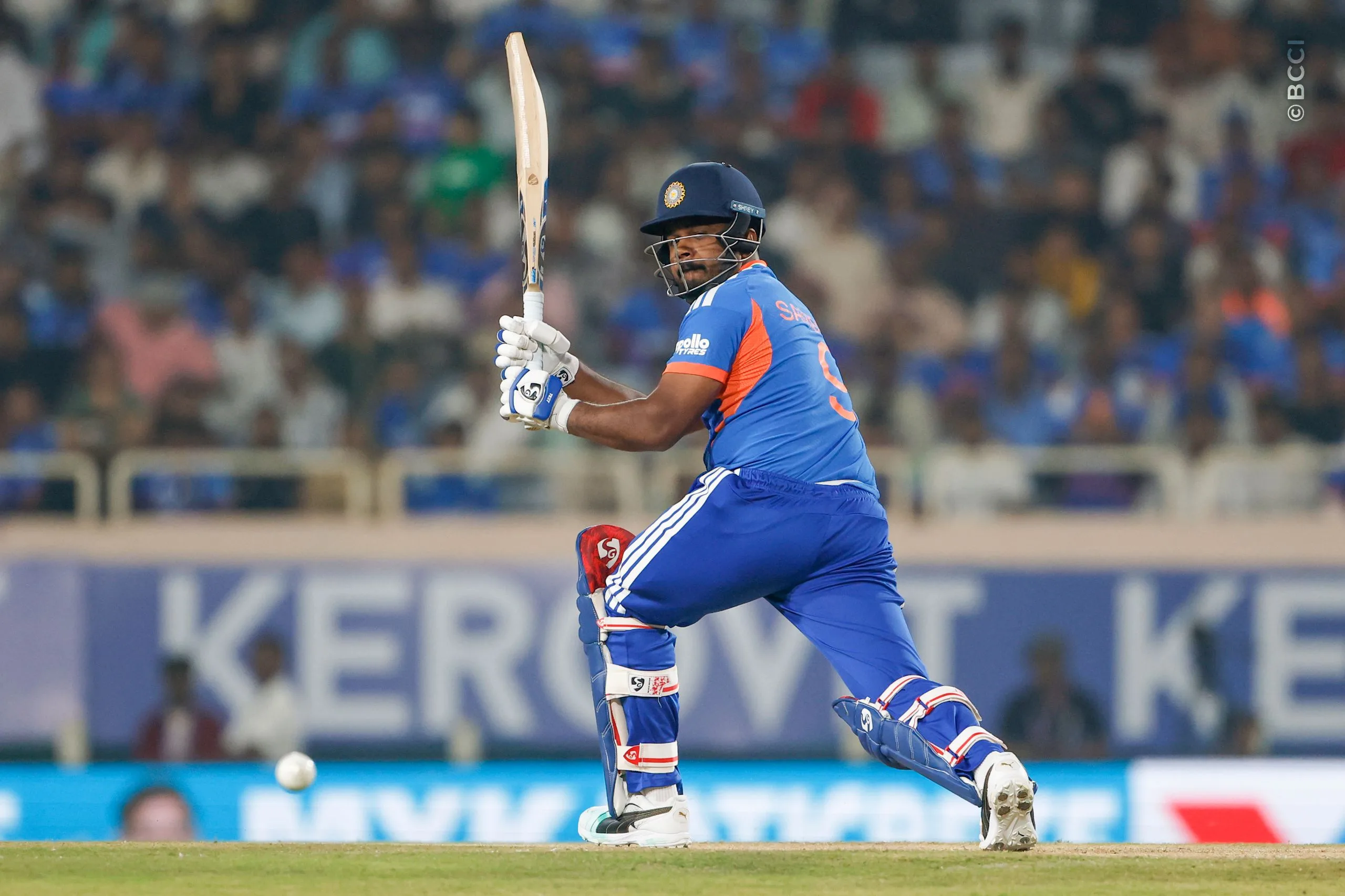 Sanju Samson of India play a shots during the 2nd T20I match between India and West Indies at the JSCA International Stadium Complex, Ranchi, India on October 9, 2026.

Photo: Surjeet Yadav / CREIMAS for BCCI