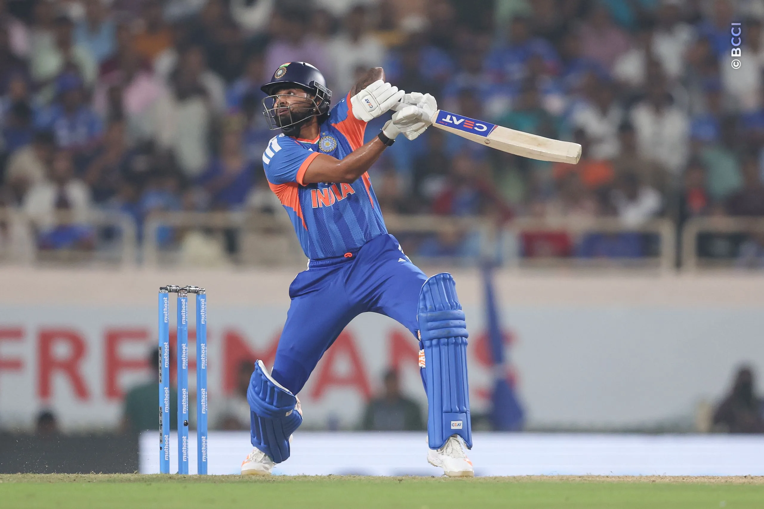 Shreyas Iyer of India plays a shot during the 2nd T20I match between India and West Indies at the JSCA International Stadium Complex, India on October 9, 2026.

Photo: Pankaj Nangia / CREIMAS for BCCI
