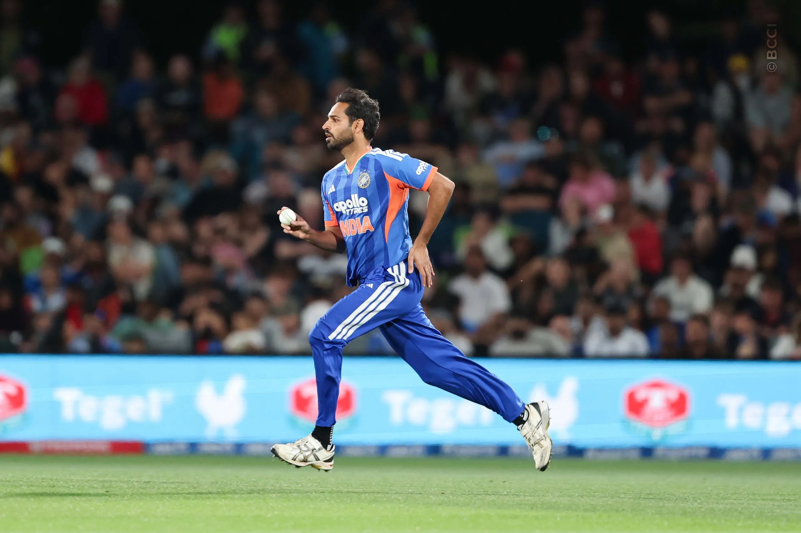 Bhuvneshwar Kumar of India bowls during the 2nd T20I match between New Zealand and India at the Hagley Oval, Christchurch, New Zealand on October 24, 2026.Photo: Surjeet Yadav / CREIMAS for BCCI