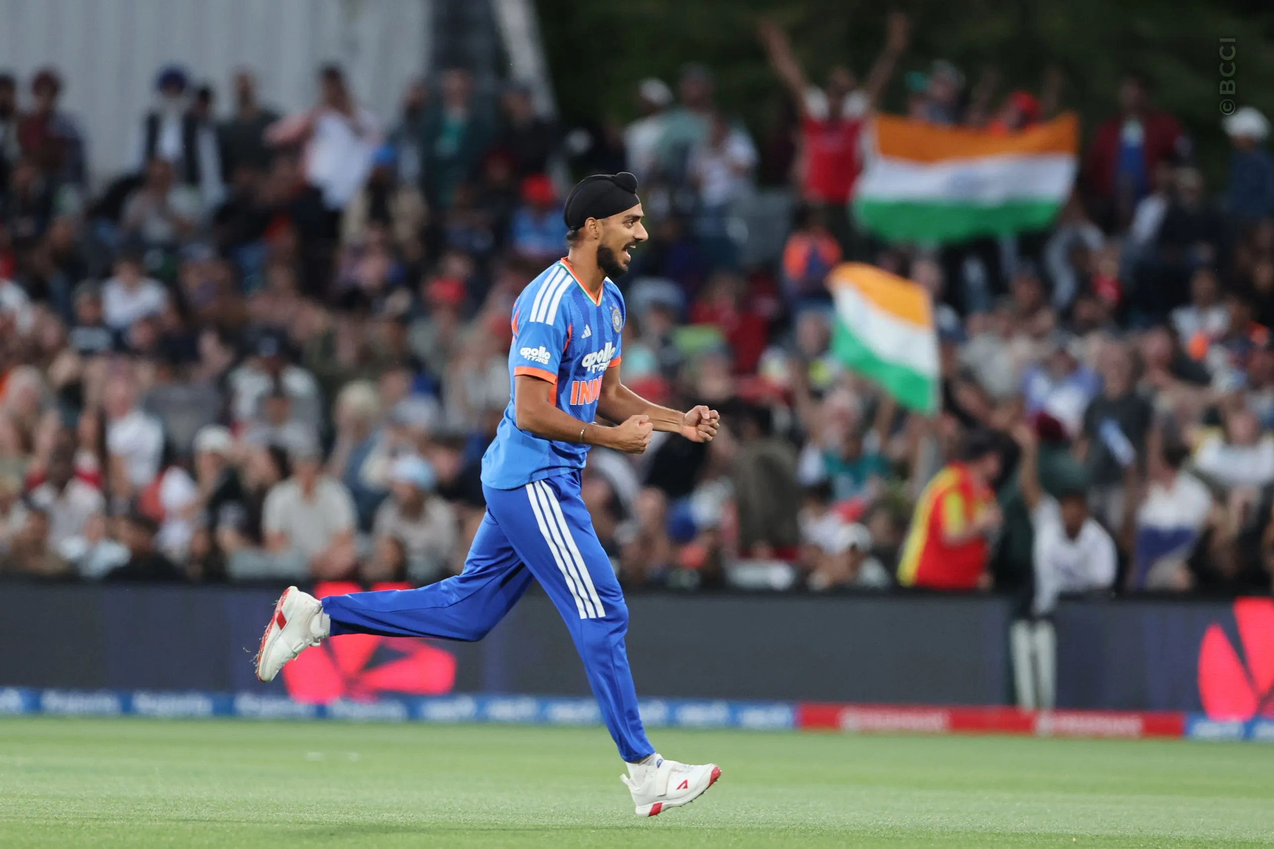 Arshdeep Singh of India celebrates the wicket of  Tim Seifert of New Zealand during the 2nd T20I match between New Zealand and India at the Hagley Oval, Christchurch, New Zealand on October 24, 2026.Photo: Surjeet Yadav / CREIMAS for BCCI