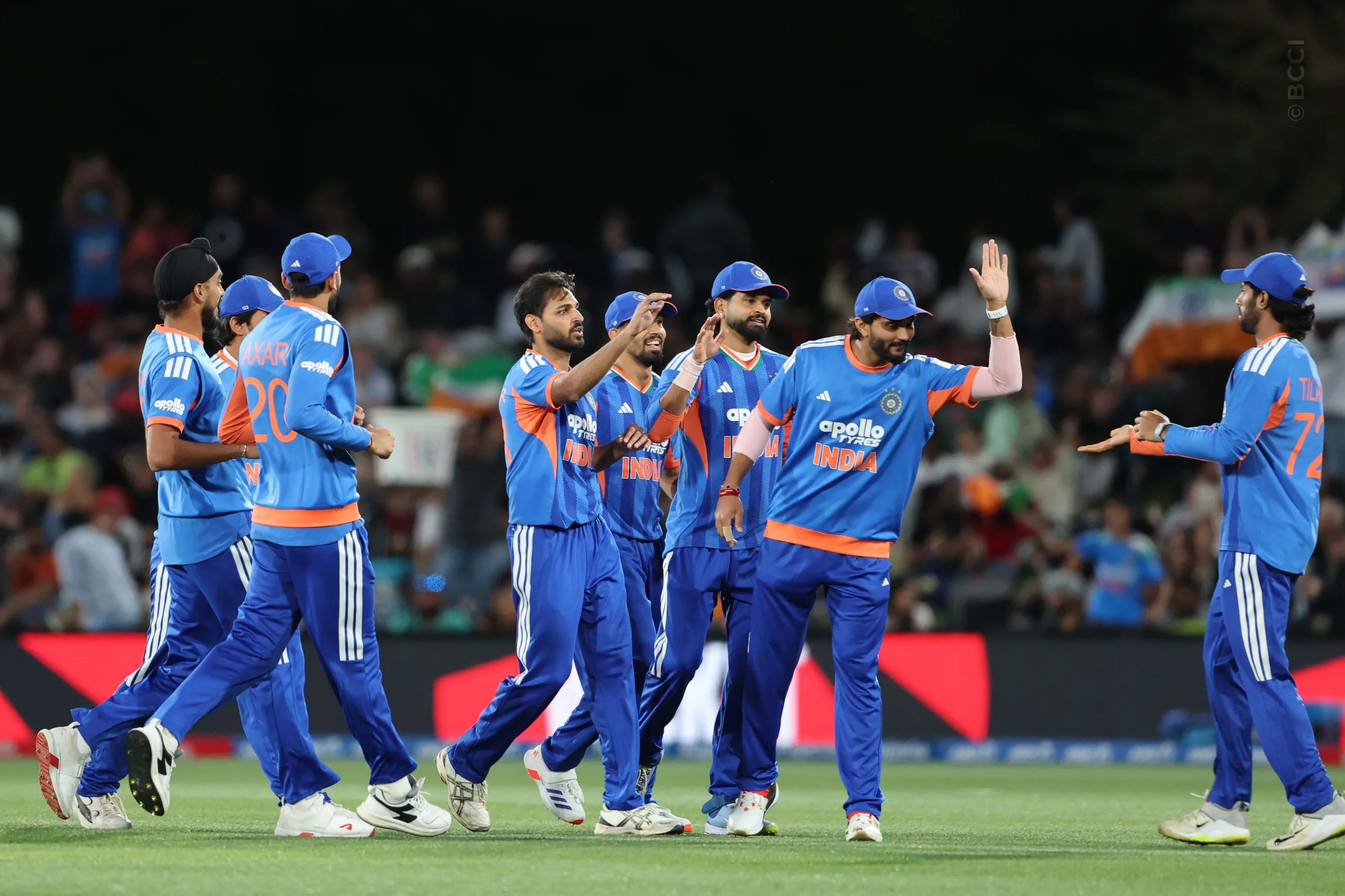 Bhuvneshwar Kumar of India celebrates the wicket of  Daryl Mitchell of New Zealand during the 2nd T20I match between New Zealand and India at the Hagley Oval, Christchurch, New Zealand on October 24, 2026.Photo: Surjeet Yadav / CREIMAS for BCCI