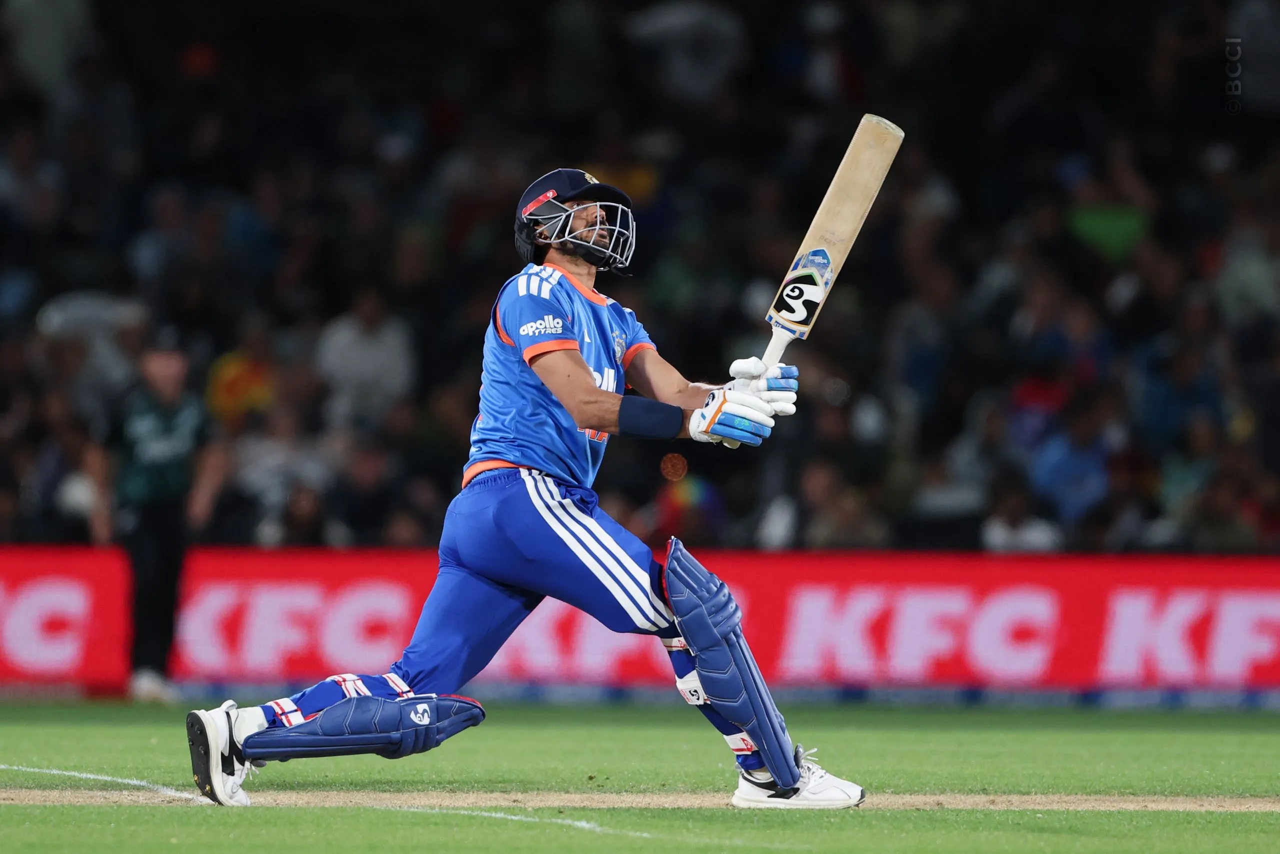 Axar Patel of India plays a shot during the 2nd T20I match between New Zealand and India at the Hagley Oval, Christchurch, New Zealand on October 24, 2026.Photo: Surjeet Yadav / CREIMAS for BCCI