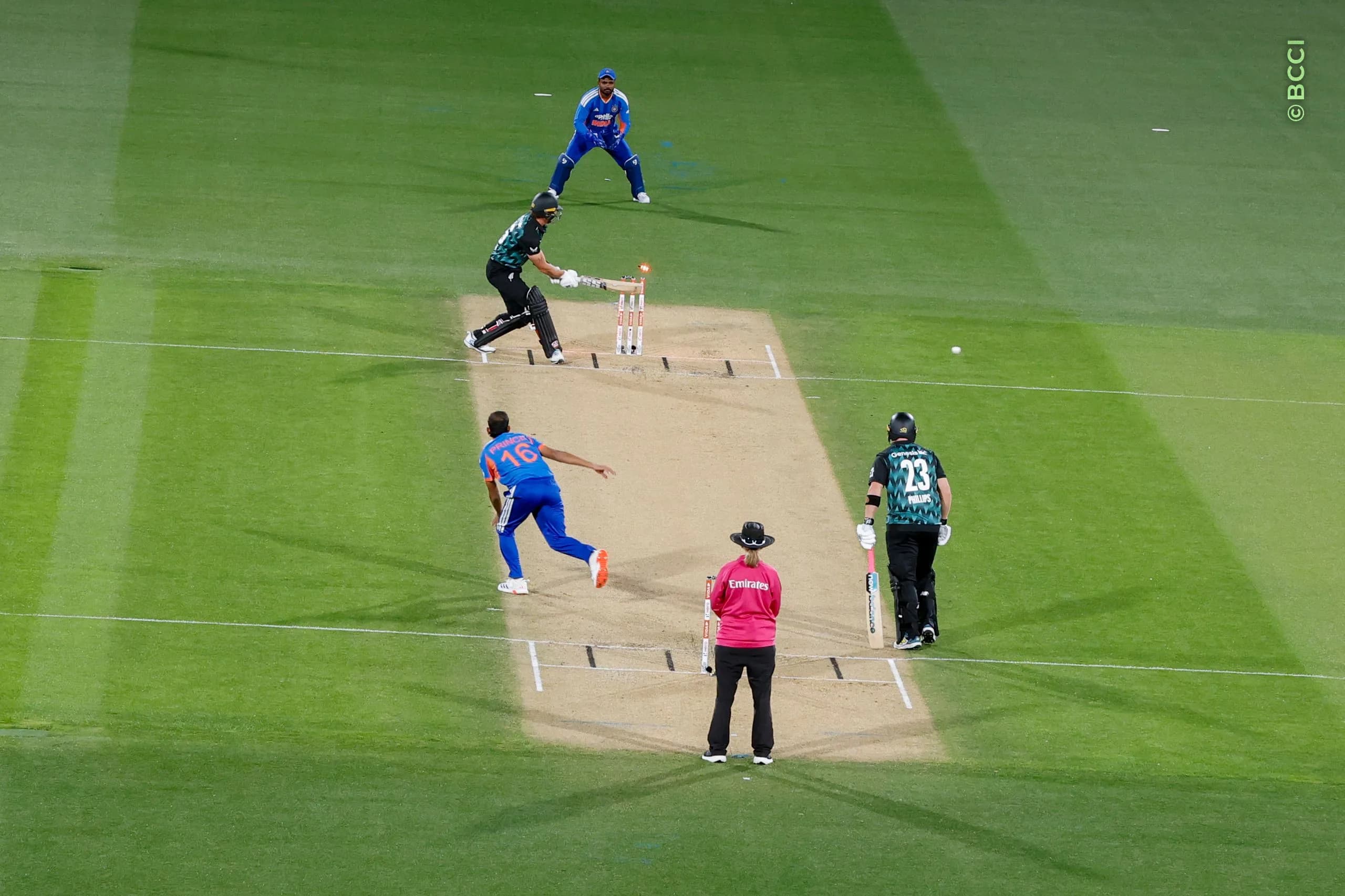 Finn Allen of New Zealand bowled during the 2nd T20I match between New Zealand and India at the Hagley Oval, Christchurch, New Zealand on October 24, 2026.Photo: Surjeet Yadav / CREIMAS for BCCI