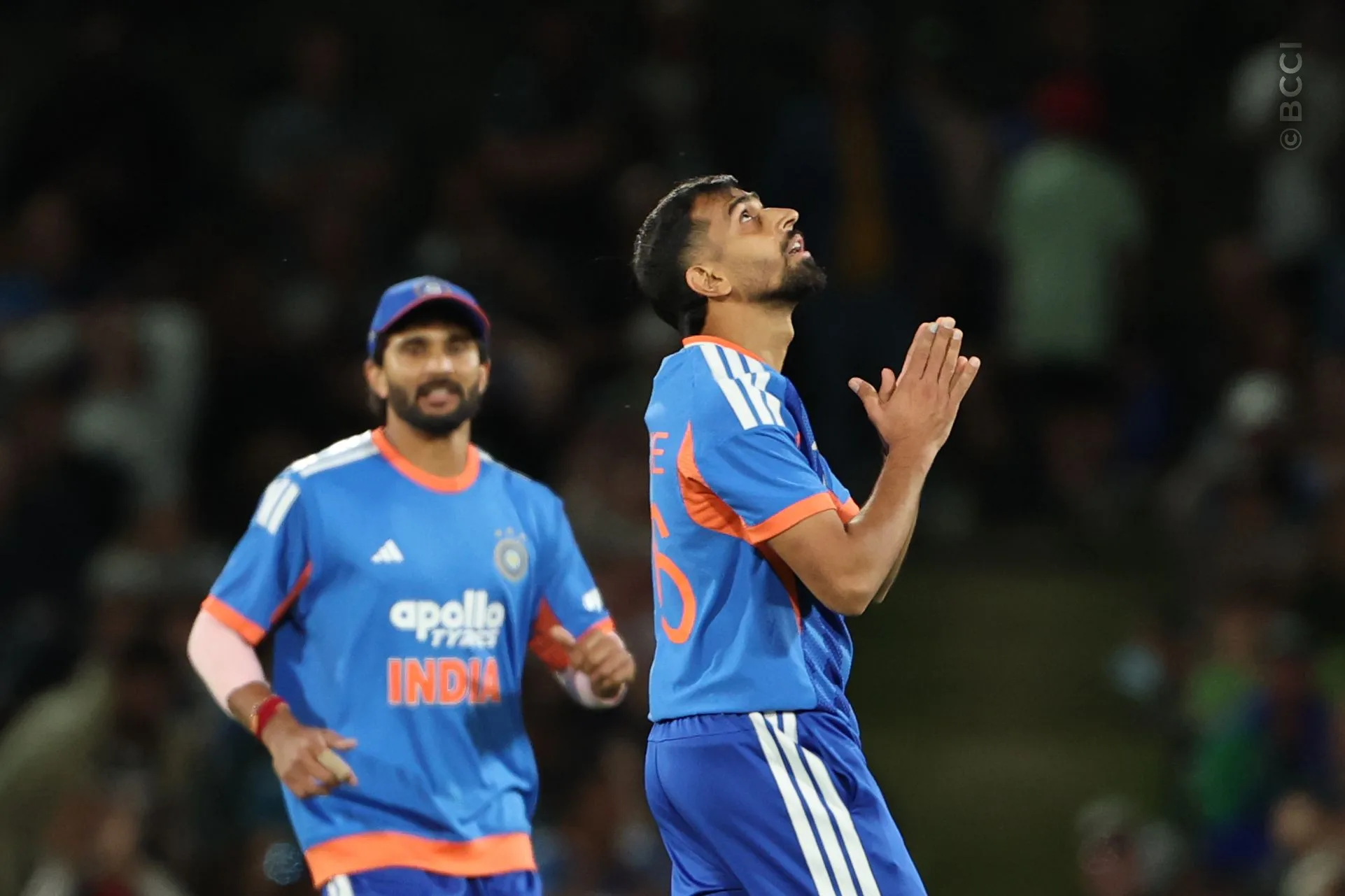 Prince Yadav of India celebrates the wicket of  Finn Allen of New Zealand during the 2nd T20I match between New Zealand and India at the Hagley Oval, Christchurch, New Zealand on October 24, 2026.Photo: Surjeet Yadav / CREIMAS for BCCI