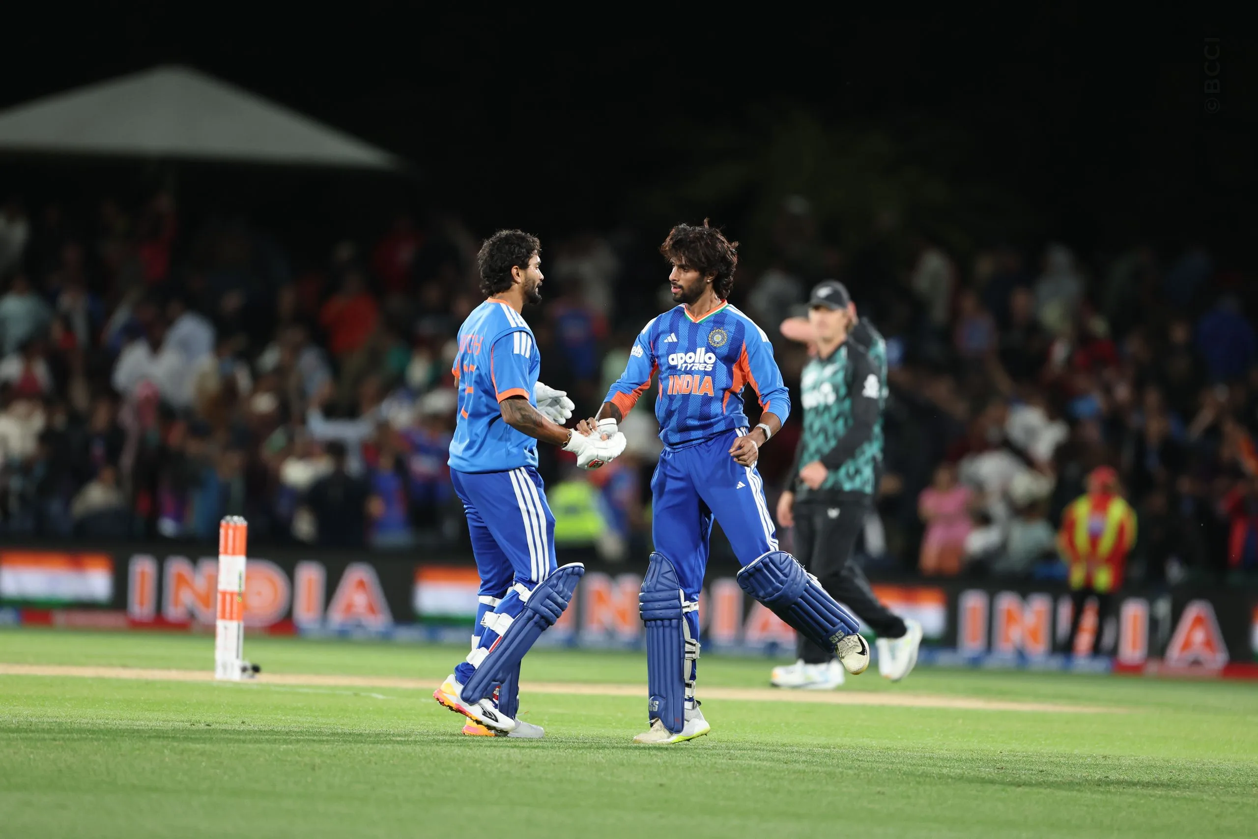 Tilak Varma of India and Nitish Kumar Reddy of India celebrates the wicket of  after win the match during the 2nd T20I match between New Zealand and India at the Hagley Oval, Christchurch, New Zealand on October 24, 2026.Photo: Surjeet Yadav / CREIMAS for BCCI