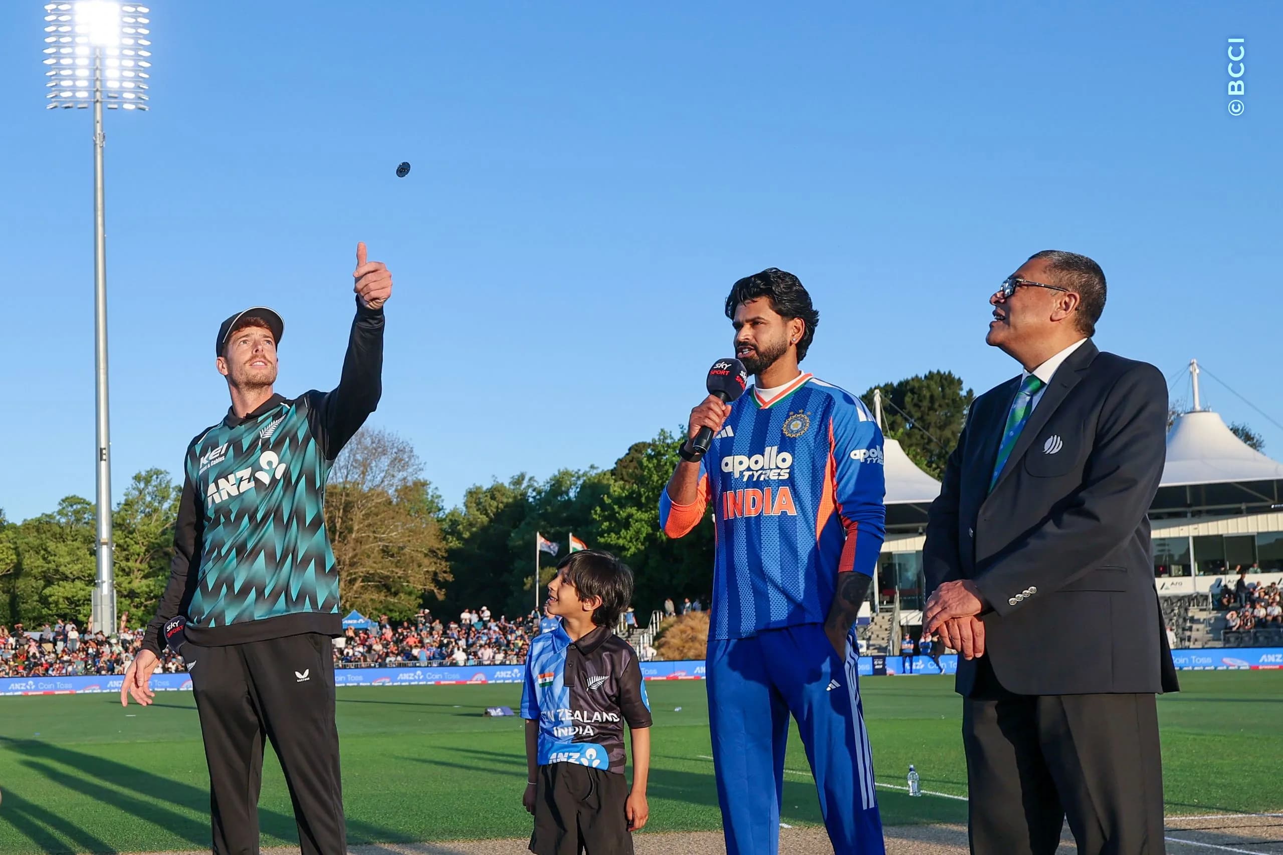 Shreyas Iyer of India and Mitchell Santner Captain of New Zealand at the toss during the 2nd T20I match between New Zealand and India at the Hagley Oval, Christchurch, New Zealand on October 24, 2026.Photo: Surjeet Yadav / CREIMAS for BCCI