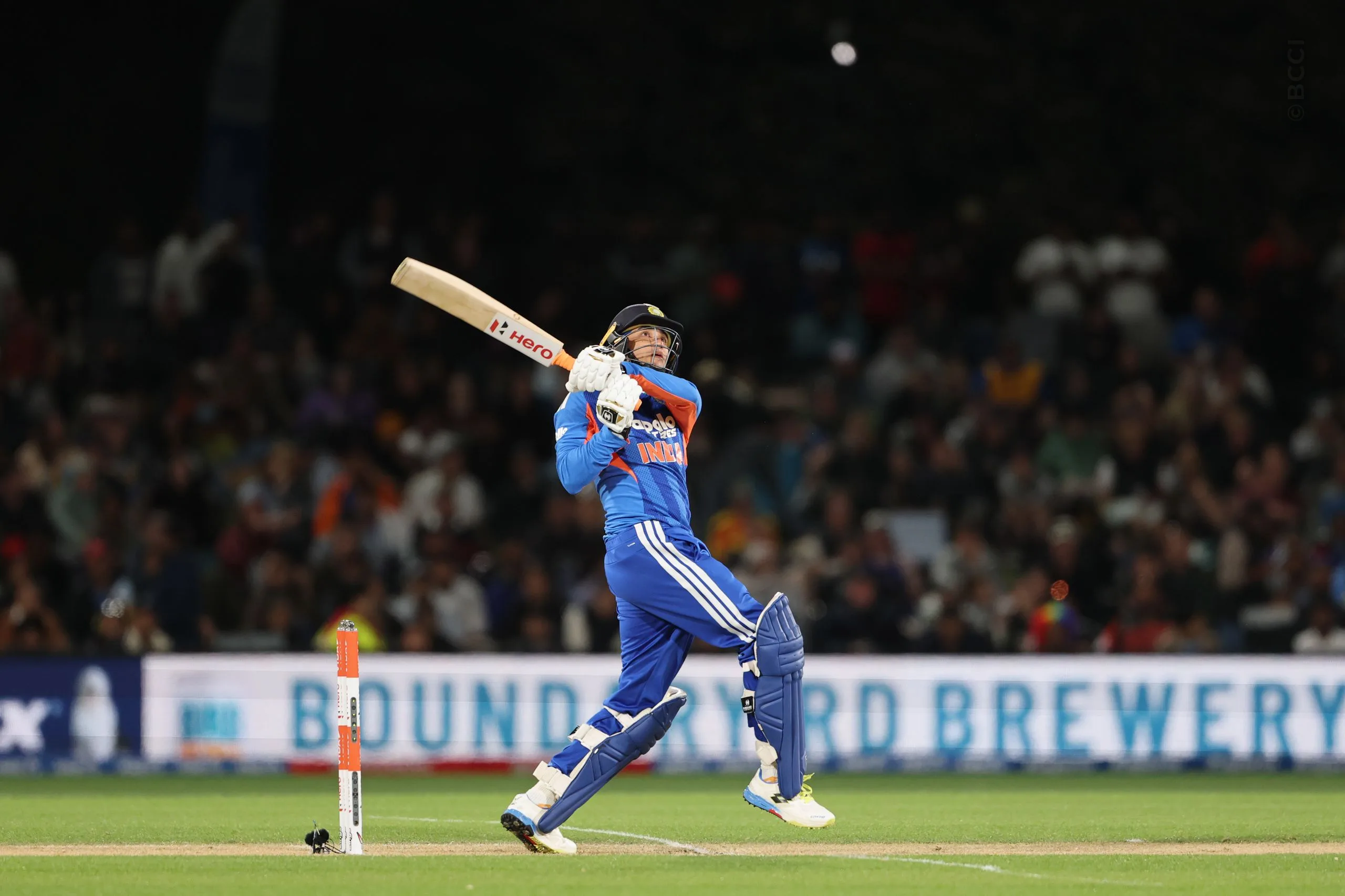 Abhishek Sharma of India plays a shot during the 2nd T20I match between New Zealand and India at the Hagley Oval, Christchurch, New Zealand on October 24, 2026.Photo: Surjeet Yadav / CREIMAS for BCCI