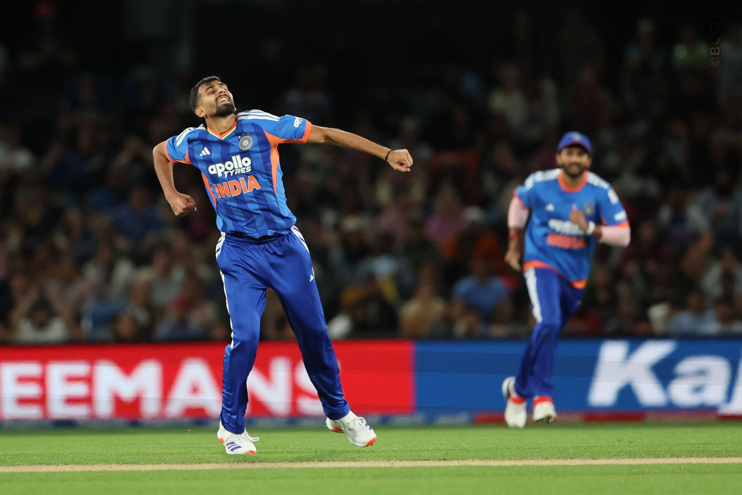 Prince Yadav of India celebrates the wicket of  Finn Allen of New Zealand during the 2nd T20I match between New Zealand and India at the Hagley Oval, Christchurch, New Zealand on October 24, 2026.Photo: Surjeet Yadav / CREIMAS for BCCI