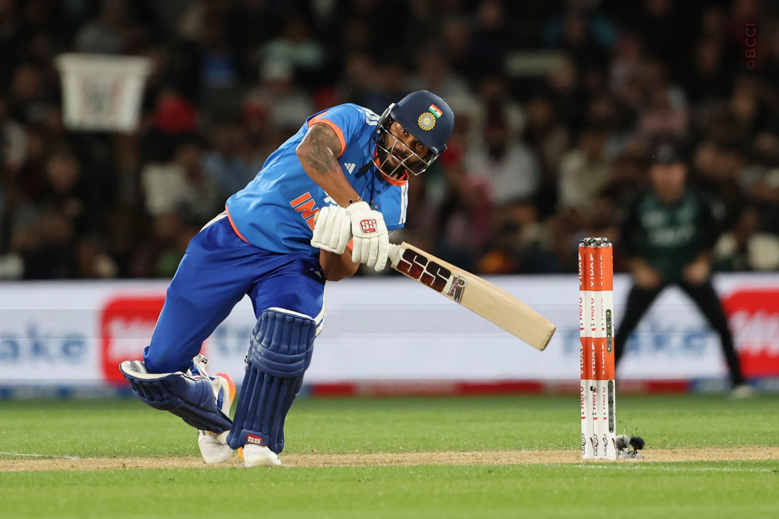Nitish Kumar Reddy of India plays a shot during the 2nd T20I match between New Zealand and India at the Hagley Oval, Christchurch, New Zealand on October 24, 2026.Photo: Surjeet Yadav / CREIMAS for BCCI