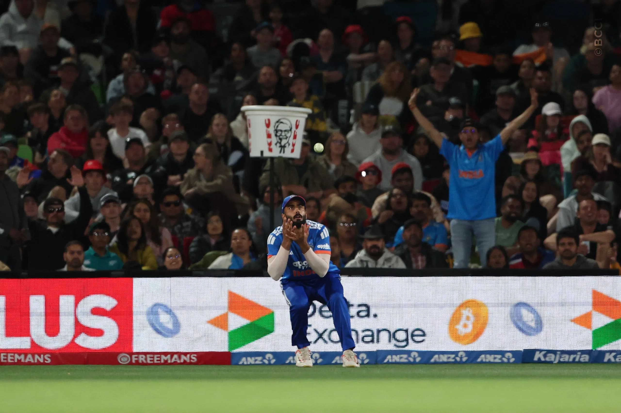 Naman Dhir of India take a catch of  Glenn Phillips of New Zealand during the 2nd T20I match between New Zealand and India at the Hagley Oval, Christchurch, New Zealand on October 24, 2026.Photo: Surjeet Yadav / CREIMAS for BCCI