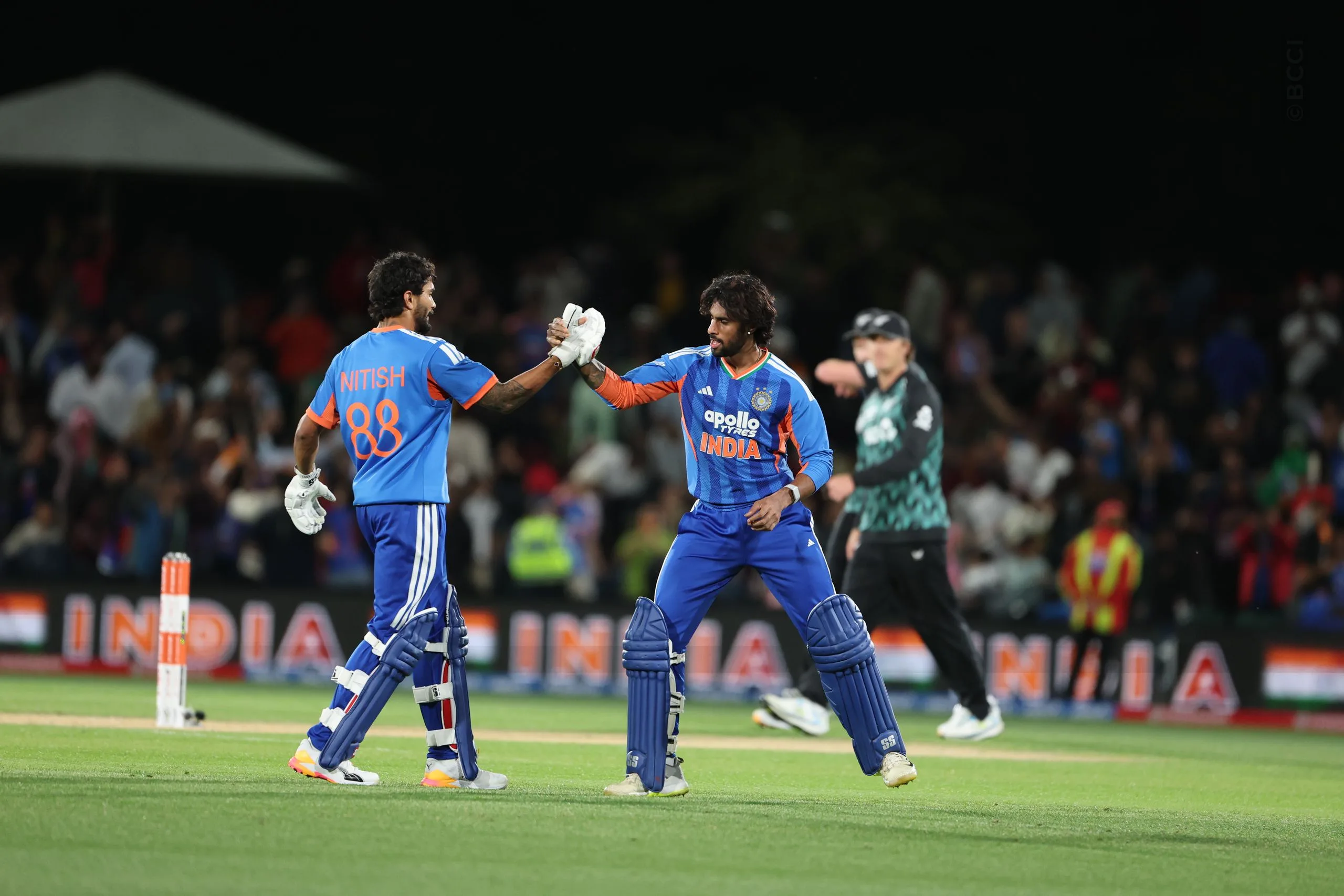 Tilak Varma of India and Nitish Kumar Reddy of India celebrates the wicket of  after win the match during the 2nd T20I match between New Zealand and India at the Hagley Oval, Christchurch, New Zealand on October 24, 2026.Photo: Surjeet Yadav / CREIMAS for BCCI
