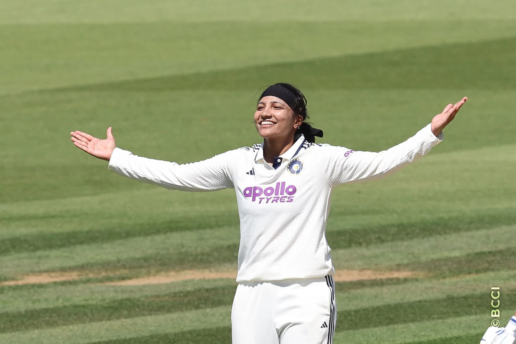 Sneh Rana of India  celebrates the wicket of  Mady Villiers of England  during Day 2 of the Only Test match between England Women and India Women at Lord's Cricket Ground, London, England, on July 11, 2026.Photo by Pankaj Nangia / CREIMAS for BCCI