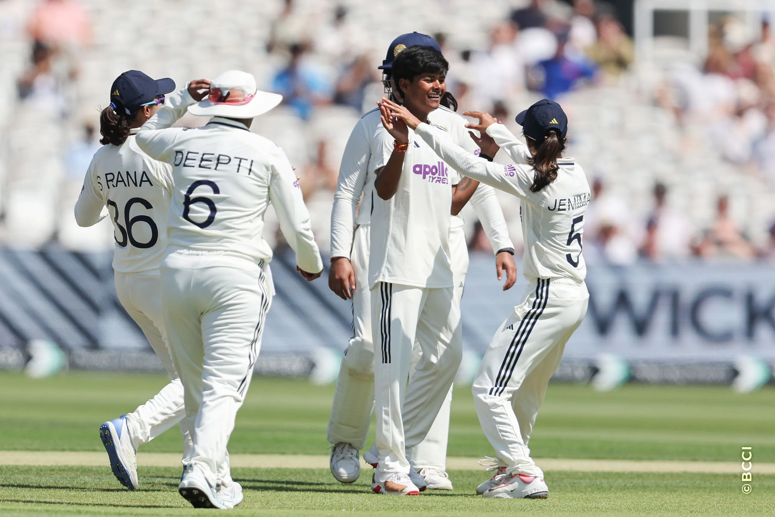 Kranti Gaud of India celebrates the wicket of England players during Day 2 of the Only Test match between England Women and India Women at Lord's Cricket Ground, London, England, on July 11, 2026.Photo by Pankaj Nangia / CREIMAS for BCCI