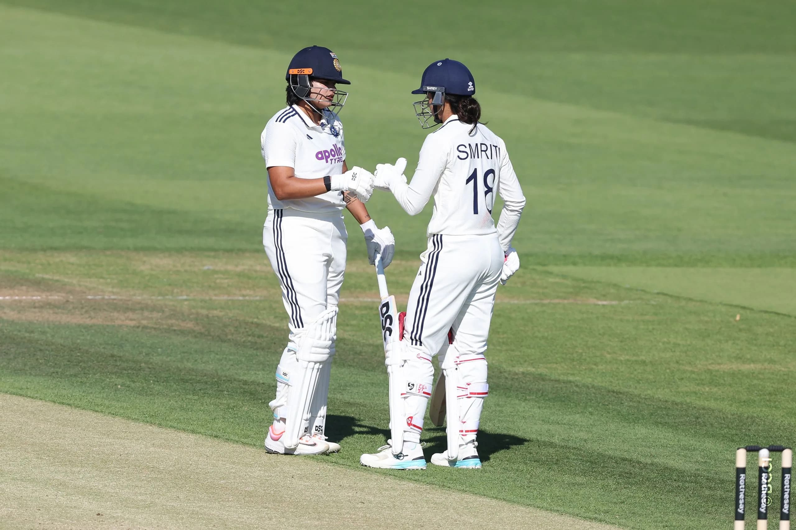 Shafali Verma of India and Smriti Mandhana of India during Day 2 of the Only Test match between England Women and India Women at Lord's Cricket Ground, London, England, on July 11, 2026.Photo by Pankaj Nangia / CREIMAS for BCCI