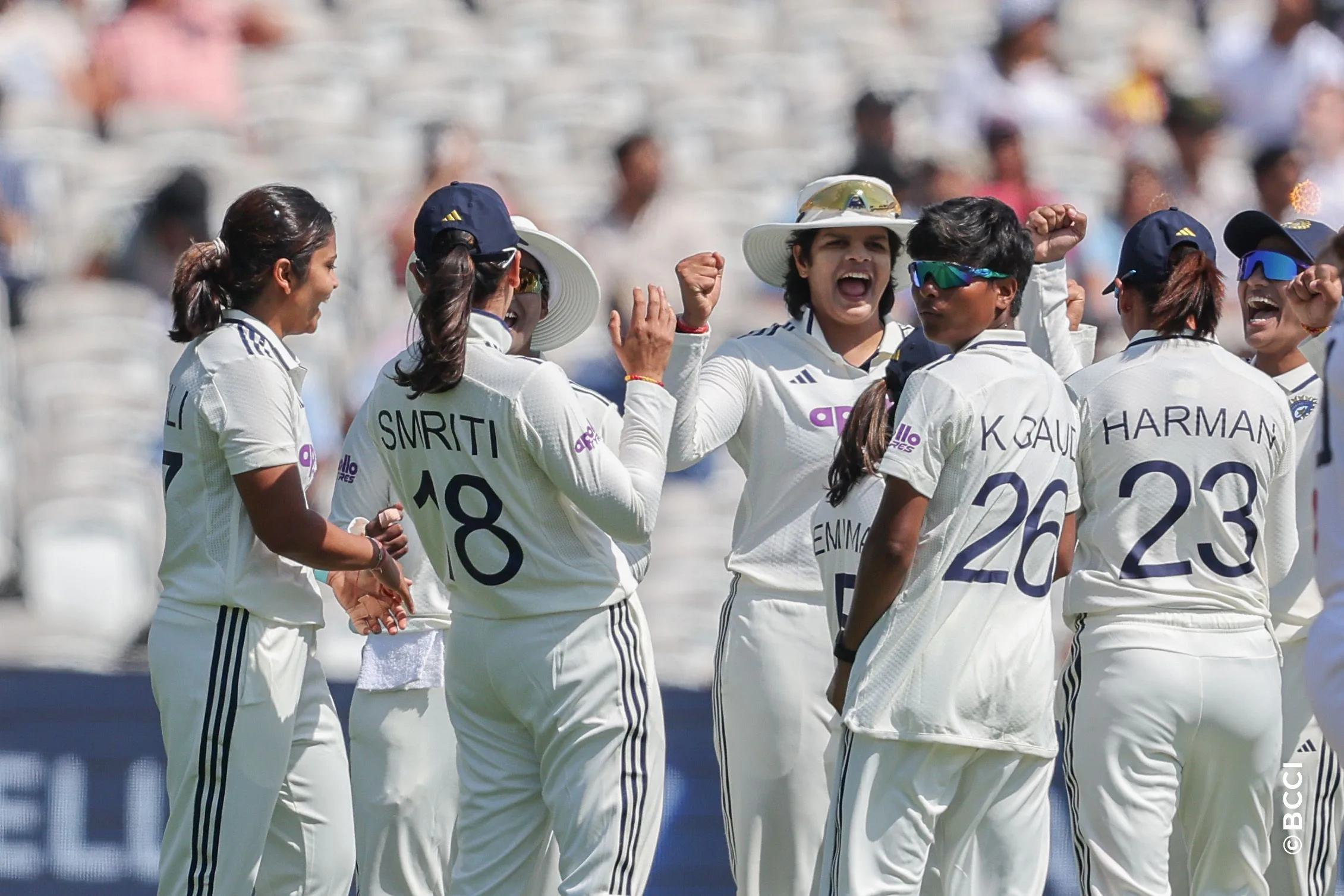Sayali Satghare of India celebrates the wicket of England player during Day 2 of the Only Test match between England Women and India Women at Lord's Cricket Ground, London, England, on July 11, 2026.Photo by Pankaj Nangia / CREIMAS for BCCI
