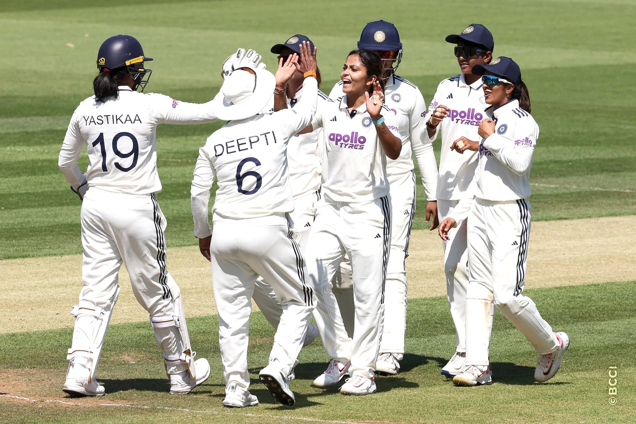 Sayali Satghare of India celebrates the wicket of Sophie Ecclestone of England  during Day 2 of the Only Test match between England Women and India Women at Lord's Cricket Ground, London, England, on July 11, 2026.Photo by Pankaj Nangia / CREIMAS for BCCI