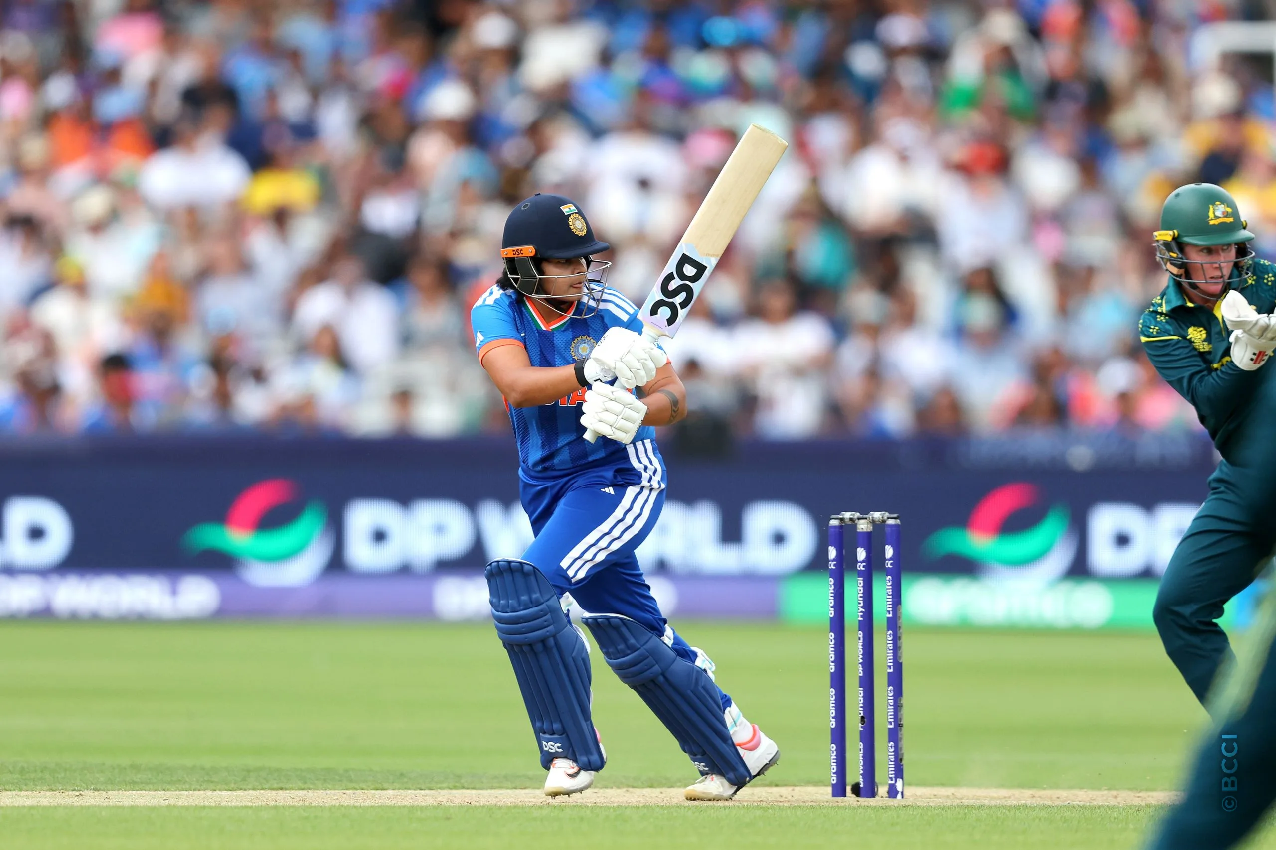Shafali Verma of India plays a shot during Match 30 between Australia Women and India Women at Lord's Cricket Ground, London, England, on June 28, 2026.Photo by Pankaj Nangia / CREIMAS for BCCI