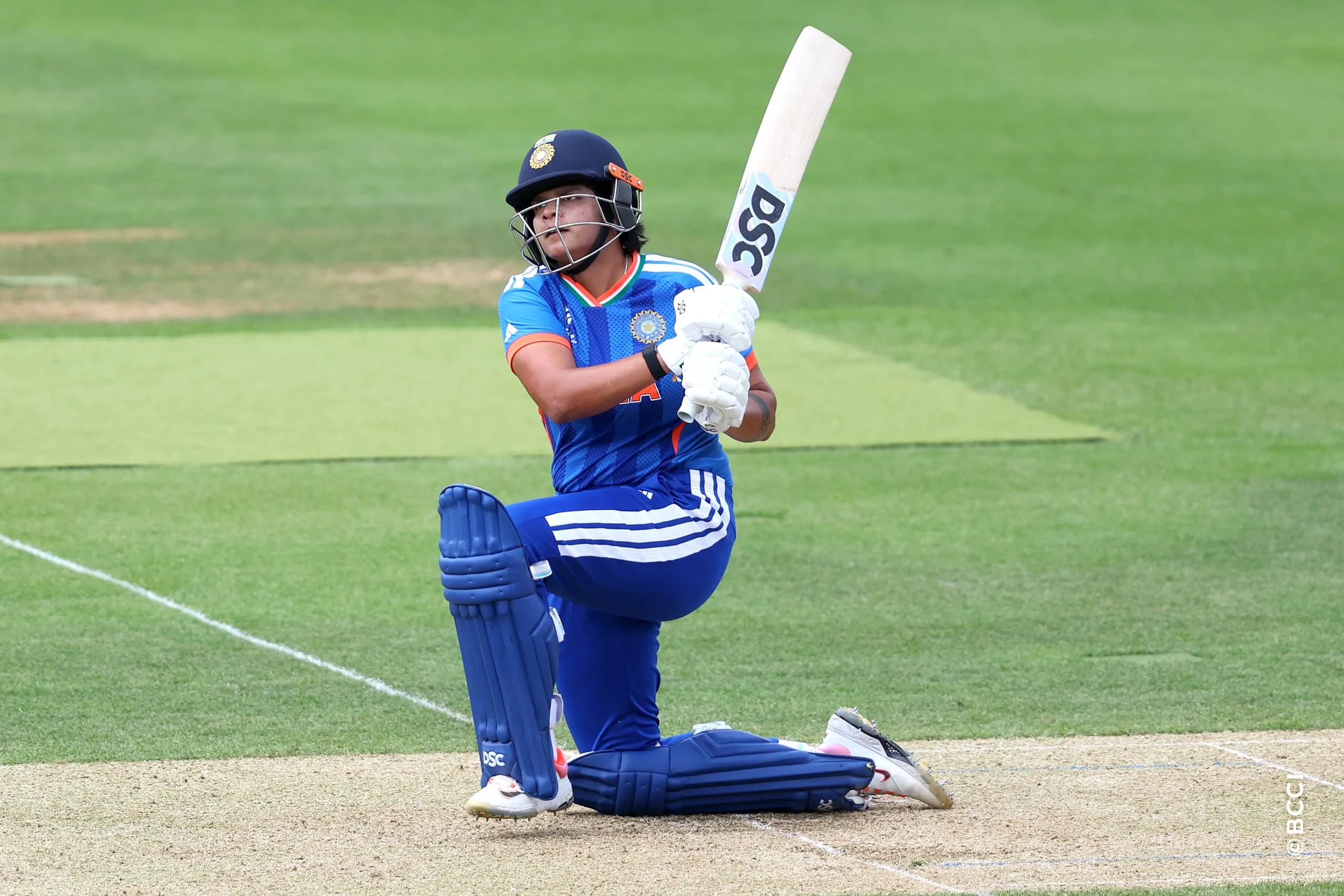 Shafali Verma of India plays a shot during Match 30 between Australia Women and India Women at Lord's Cricket Ground, London, England, on June 28, 2026.Photo by Pankaj Nangia / CREIMAS for BCCI