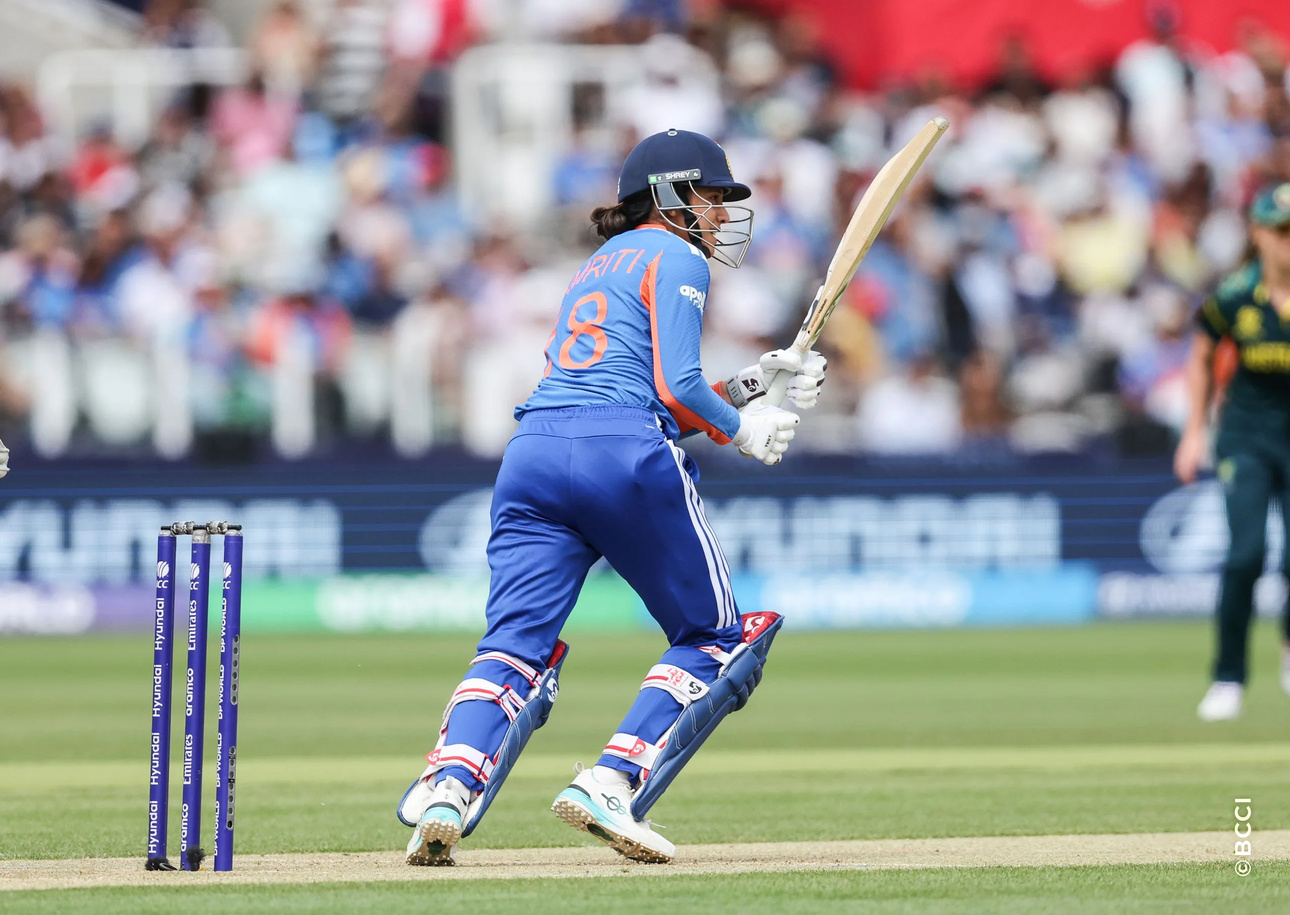 Smriti Mandhana of India plays a shot during Match 30 between Australia Women and India Women at Lord's Cricket Ground, London, England, on June 28, 2026.Photo by Pankaj Nangia / CREIMAS for BCCI
