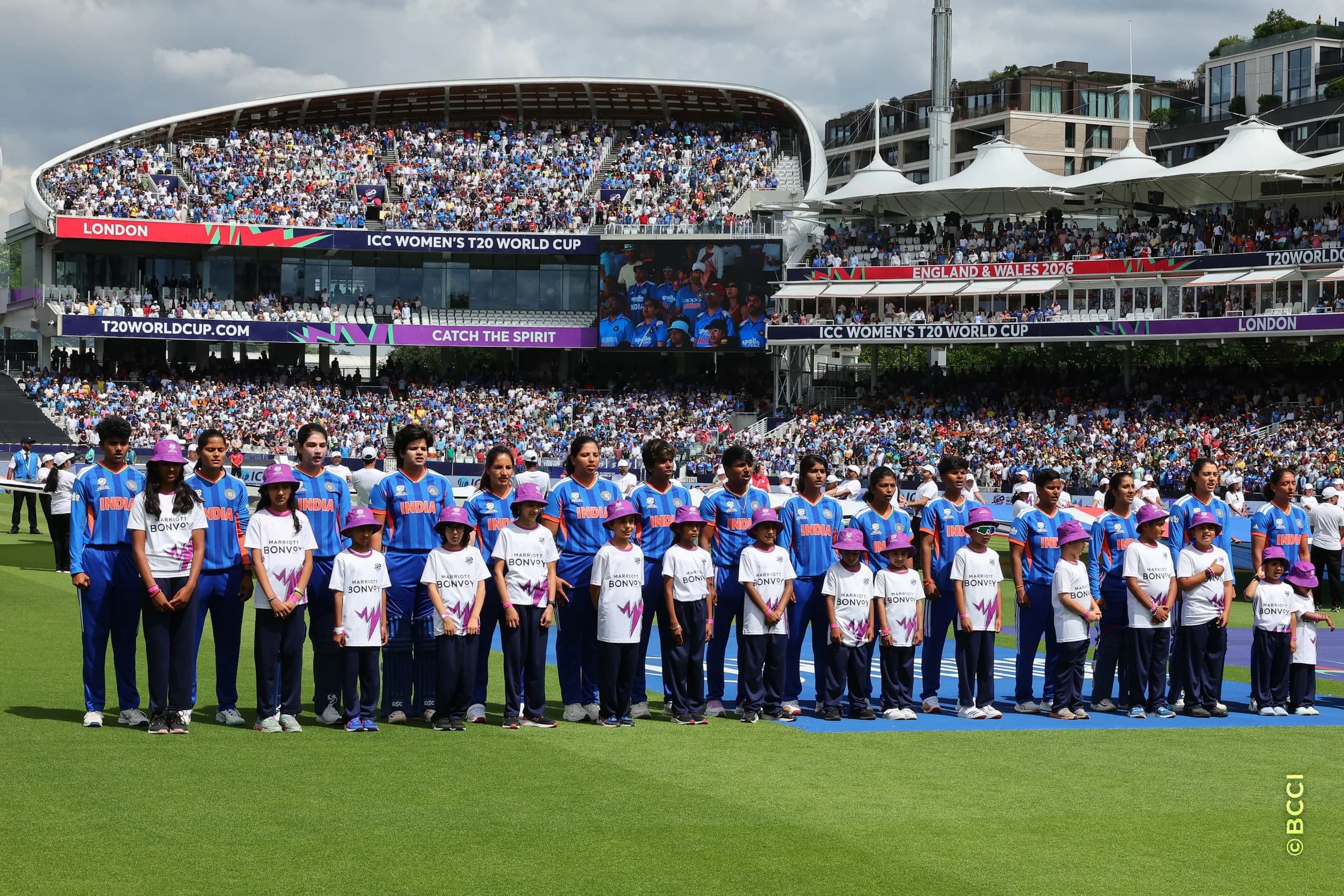 Indian players stand for the National anthem during Match 30 between Australia Women and India Women at Lord's Cricket Ground, London, England, on June 28, 2026.Photo by Pankaj Nangia / CREIMAS for BCCI