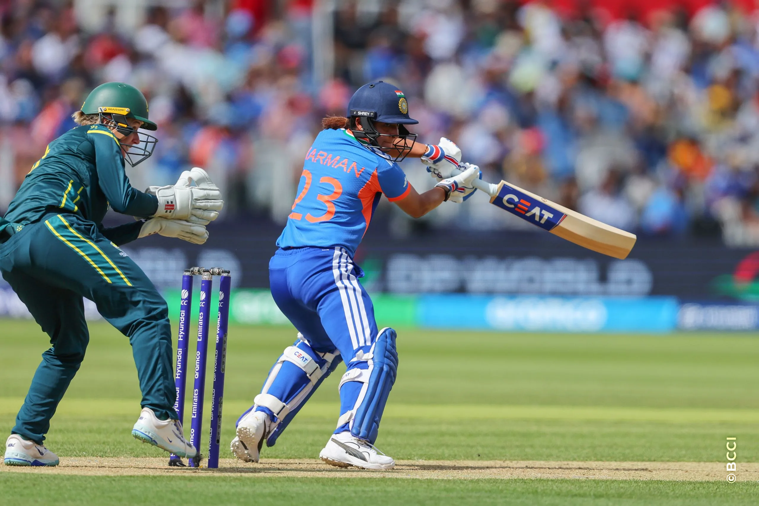 Harmanpreet Kaur of India plays a shot during Match 30 between Australia Women and India Women at Lord's Cricket Ground, London, England, on June 28, 2026.Photo by Pankaj Nangia / CREIMAS for BCCI
