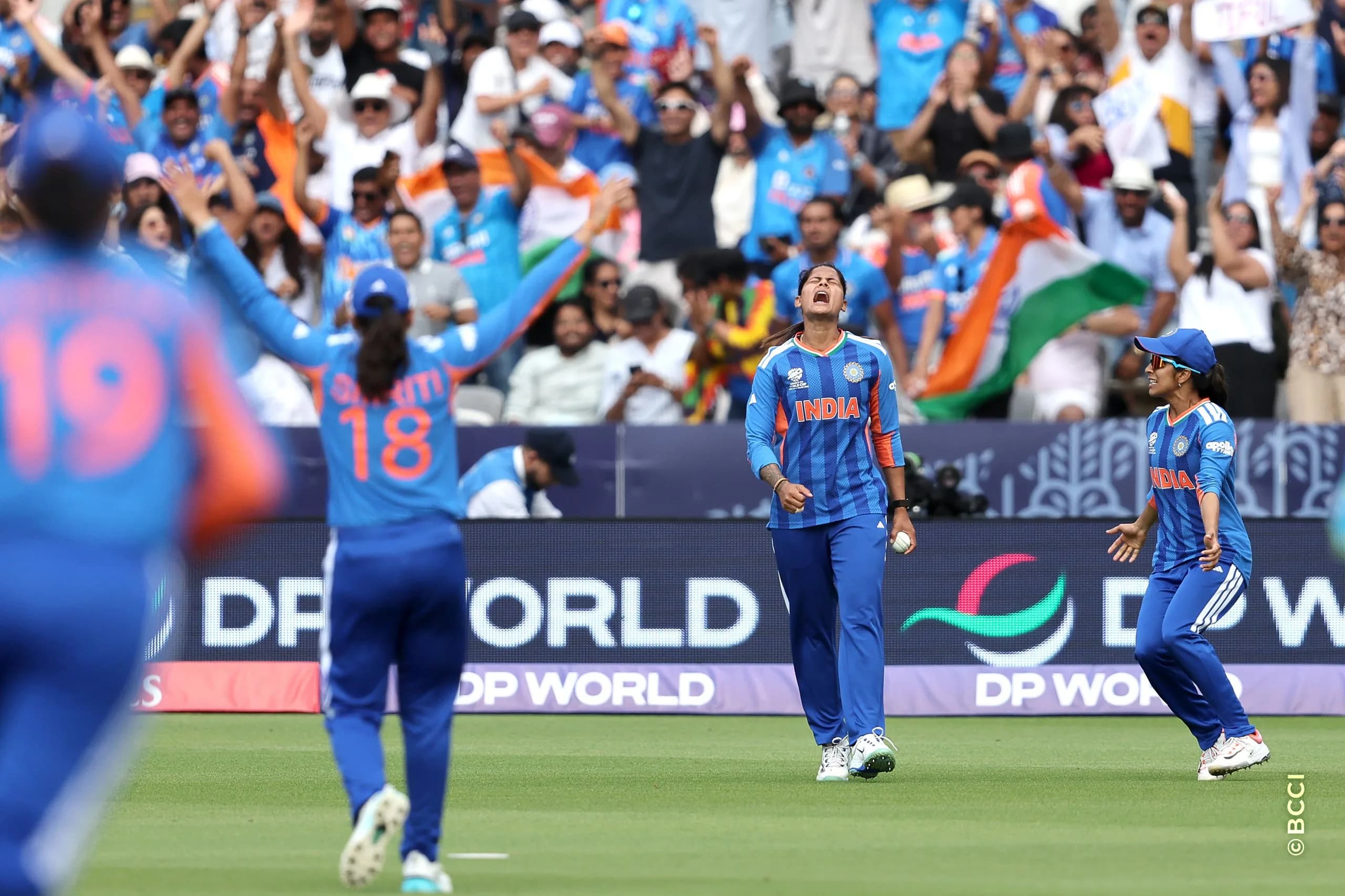 Radha Yadav of India celebrates after takes a catch to dismiss Beth Mooney of Australia during Match 30 between Australia Women and India Women at Lord's Cricket Ground, London, England, on June 28, 2026.Photo by Pankaj Nangia / CREIMAS for BCCI