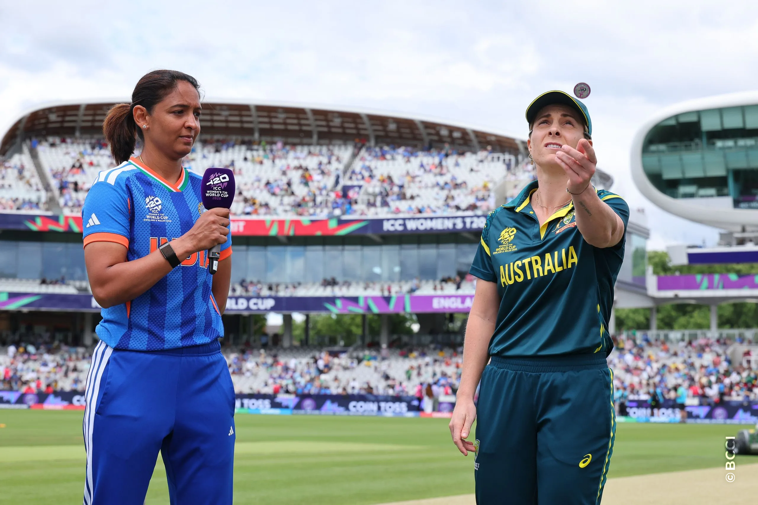 Harmanpreet Kaur of India and Sophie Molineux of Australia at the toss during Match 30 between Australia Women and India Women at Lord's Cricket Ground, London, England, on June 28, 2026.Photo by Pankaj Nangia / CREIMAS for BCCI