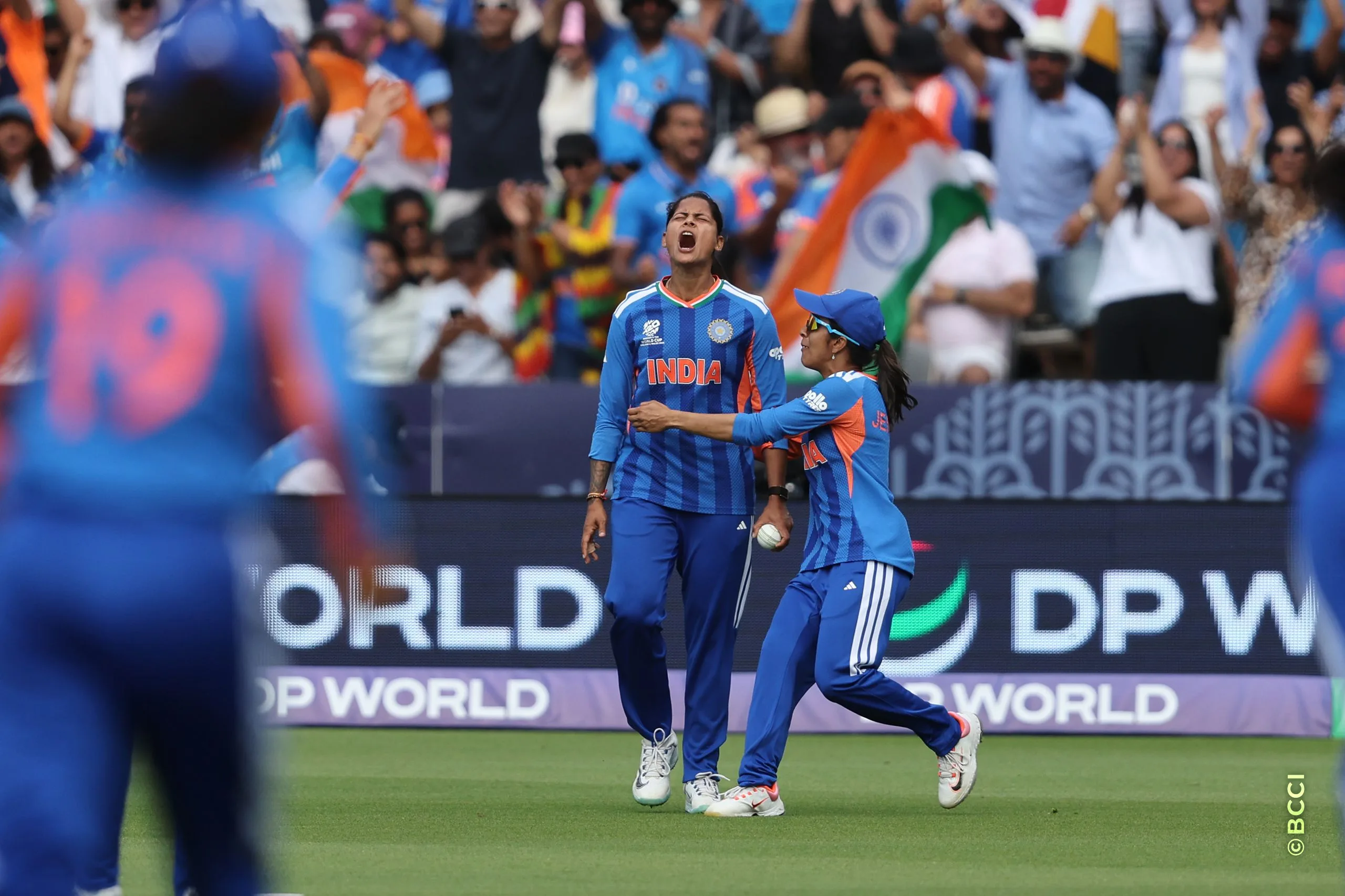 Radha Yadav of India celebrates after takes a catch to dismiss Beth Mooney of Australia during Match 30 between Australia Women and India Women at Lord's Cricket Ground, London, England, on June 28, 2026.Photo by Pankaj Nangia / CREIMAS for BCCI
