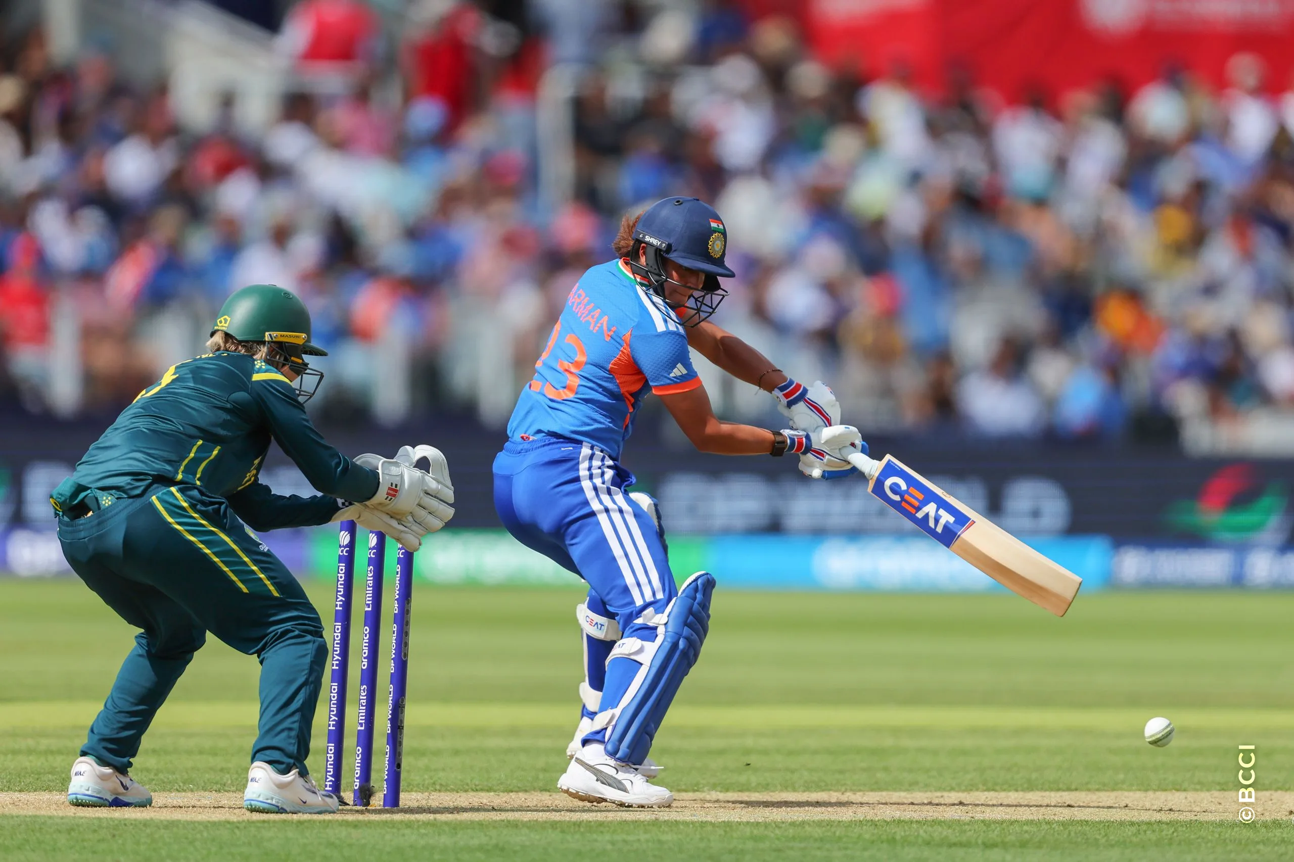 Harmanpreet Kaur of India plays a shot during Match 30 between Australia Women and India Women at Lord's Cricket Ground, London, England, on June 28, 2026.Photo by Pankaj Nangia / CREIMAS for BCCI