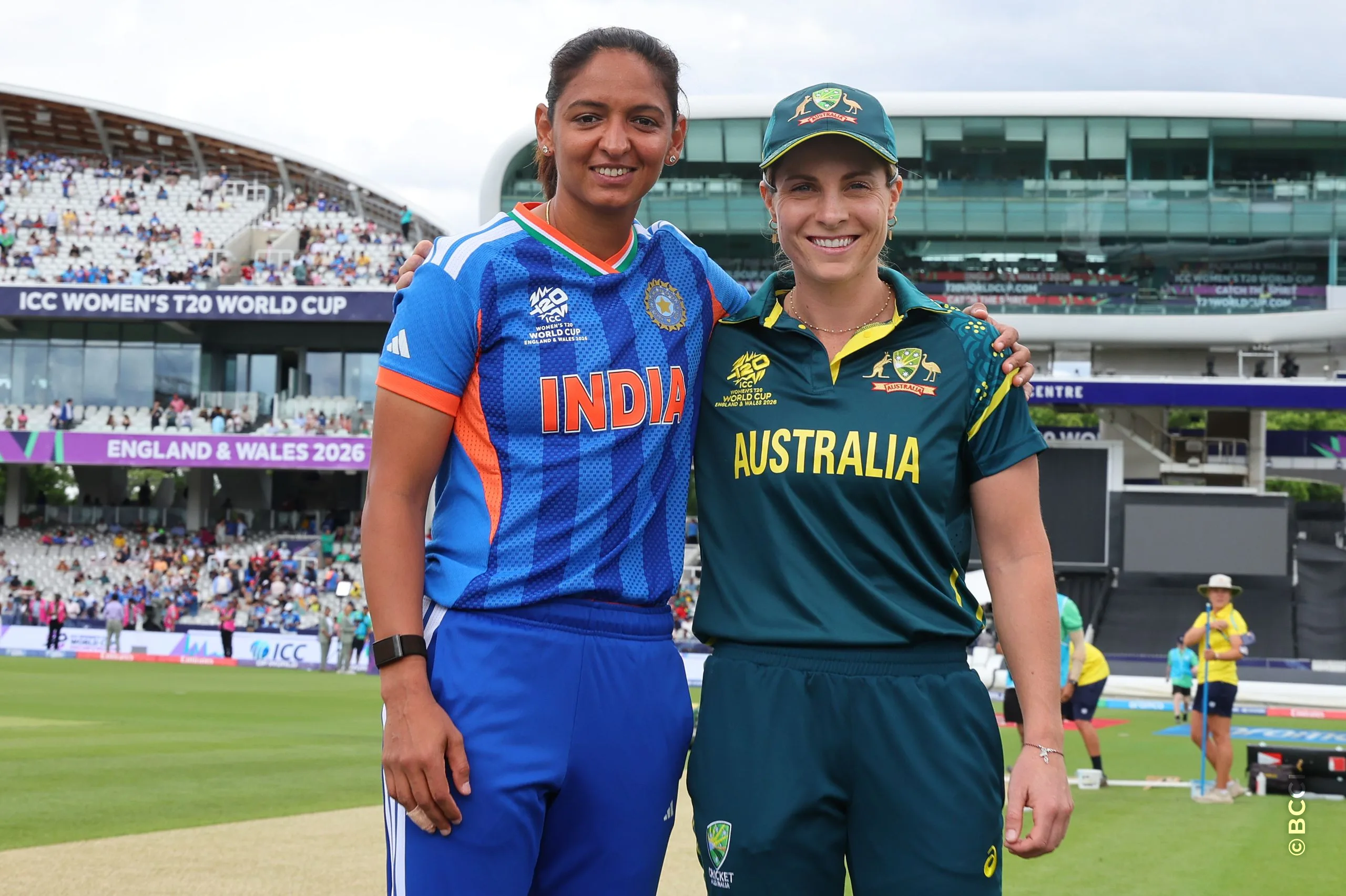 Harmanpreet Kaur of India and Sophie Molineux of Australia at the toss during Match 30 between Australia Women and India Women at Lord's Cricket Ground, London, England, on June 28, 2026.Photo by Pankaj Nangia / CREIMAS for BCCI