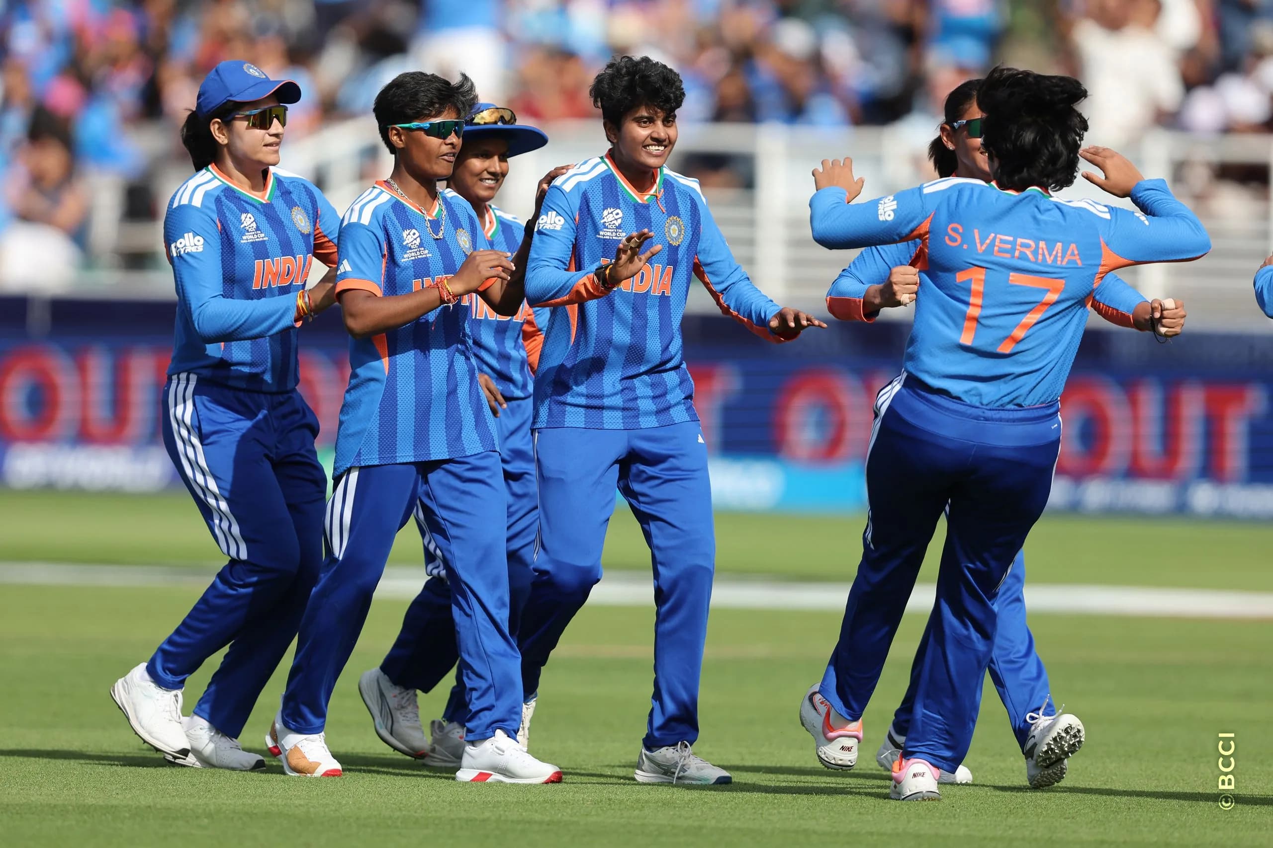 Shree Charani of India celebrates the wicket of Phoebe Litchfield  of Australia during Match 30 between Australia Women and India Women at Lord's Cricket Ground, London, England, on June 28, 2026.Photo by Pankaj Nangia / CREIMAS for BCCI