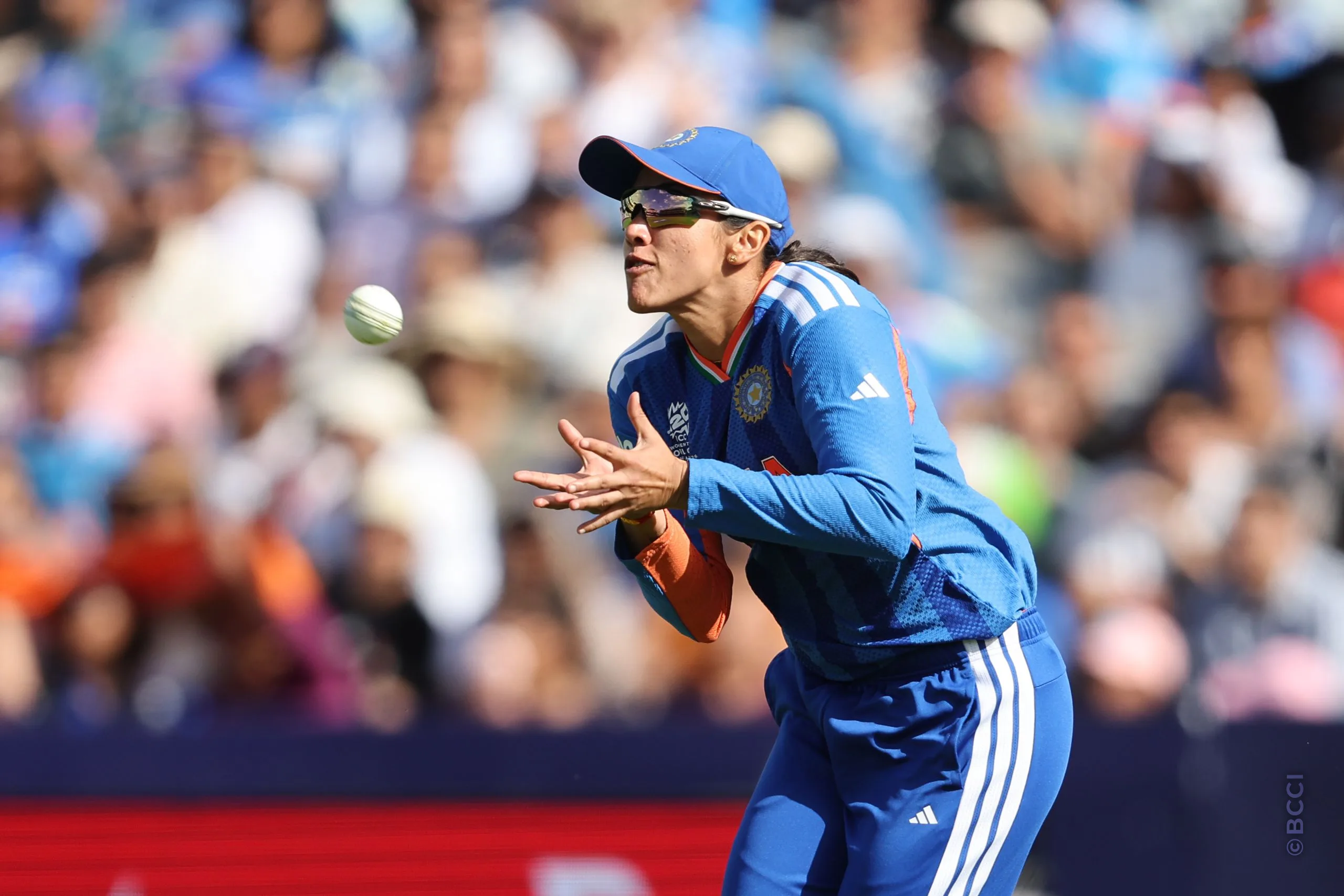 Smriti Mandhana of India takes a catch to dismiss Phoebe Litchfield of Australia during Match 30 between Australia Women and India Women at Lord's Cricket Ground, London, England, on June 28, 2026.Photo by Pankaj Nangia / CREIMAS for BCCI