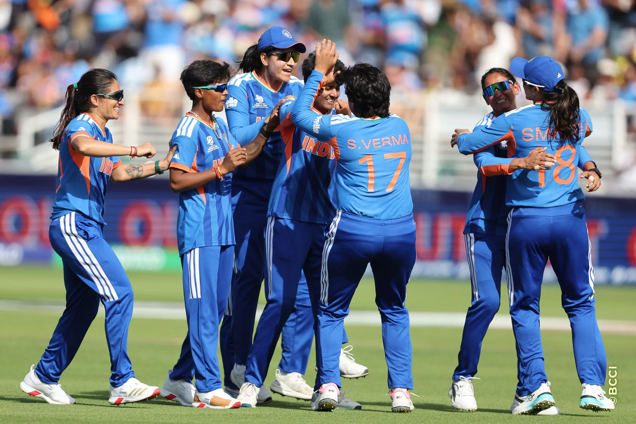 Shree Charani of India celebrates the wicket of Phoebe Litchfield  of Australia during Match 30 between Australia Women and India Women at Lord's Cricket Ground, London, England, on June 28, 2026.Photo by Pankaj Nangia / CREIMAS for BCCI