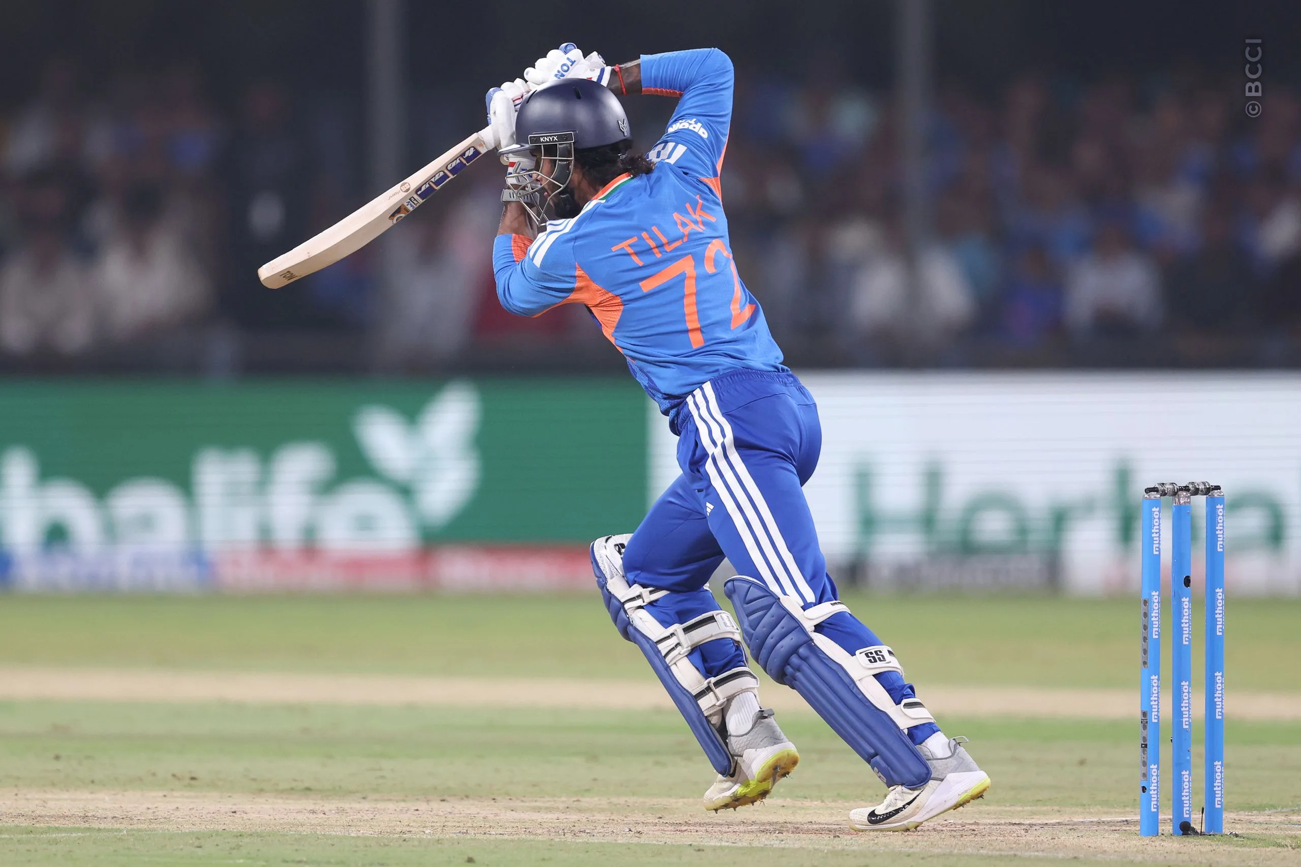 Tilak Varma of India plays a shot during the 3rd T20I match between India and West Indies at the Holkar Stadium, Indore, India on October 11, 2026.Photo: Pankaj Nangia / CREIMAS for BCCI