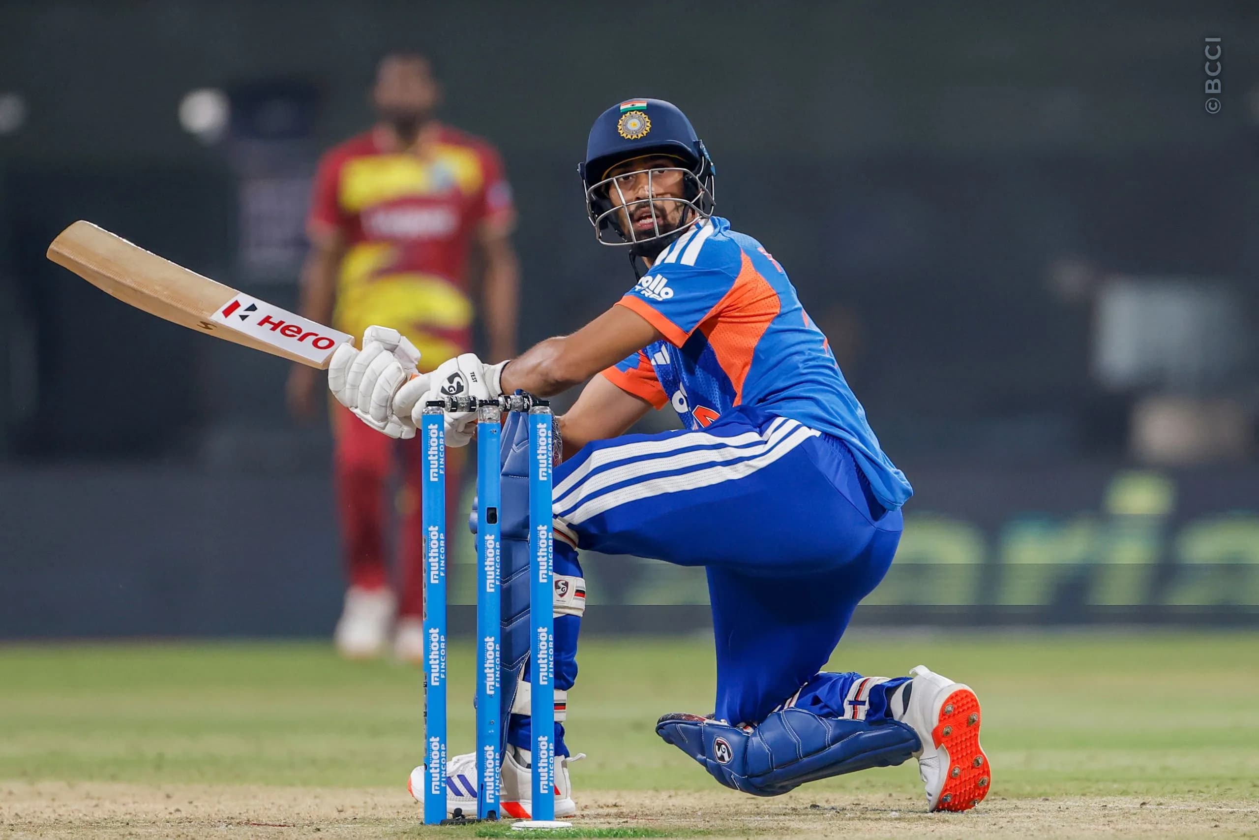 Prince Yadav of India  play a shots  during the 3rd T20I match between India and West Indies at the Holkar Stadium, Indore, India on October 11, 2026.

Photo: SurjeetYadav / CREIMAS for BCCI