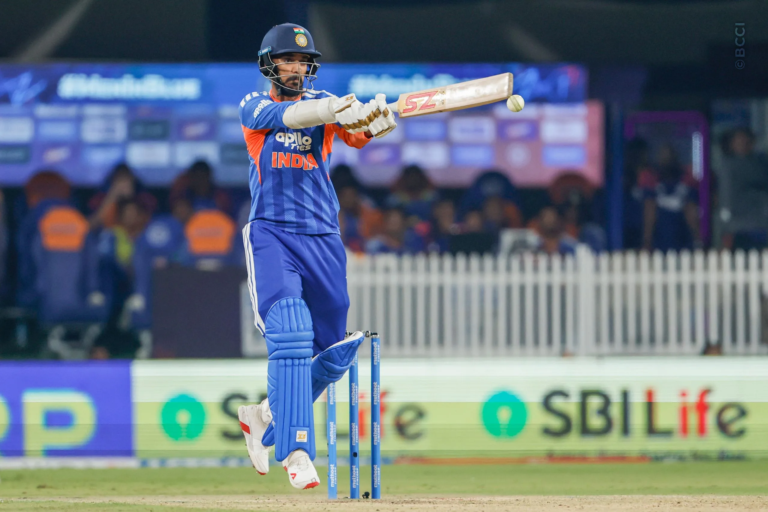 Arshdeep Singh of India   play a shots during the 3rd T20I match between India and West Indies at the Holkar Stadium, Indore, India on October 11, 2026.

Photo: SurjeetYadav / CREIMAS for BCCI