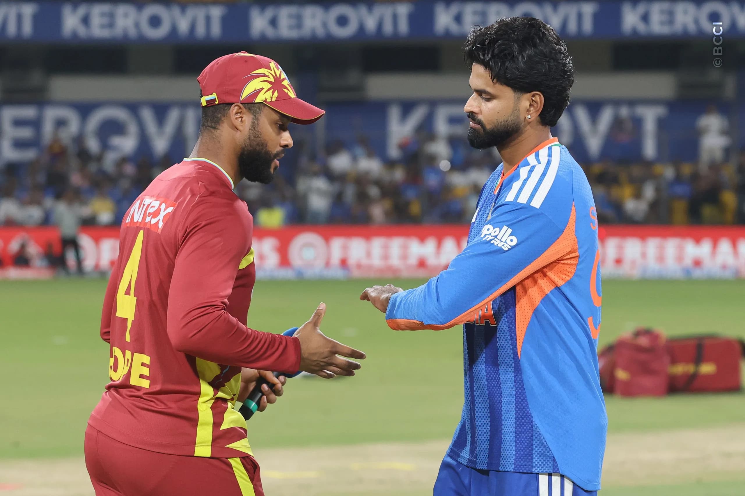 Shreyas Iyer of India and Shai Hope of West Indies at the toss during the 3rd T20I match between India and West Indies at the Holkar Stadium, Indore, India on October 11, 2026.

Photo: Pankaj Nangia / CREIMAS for BCCI