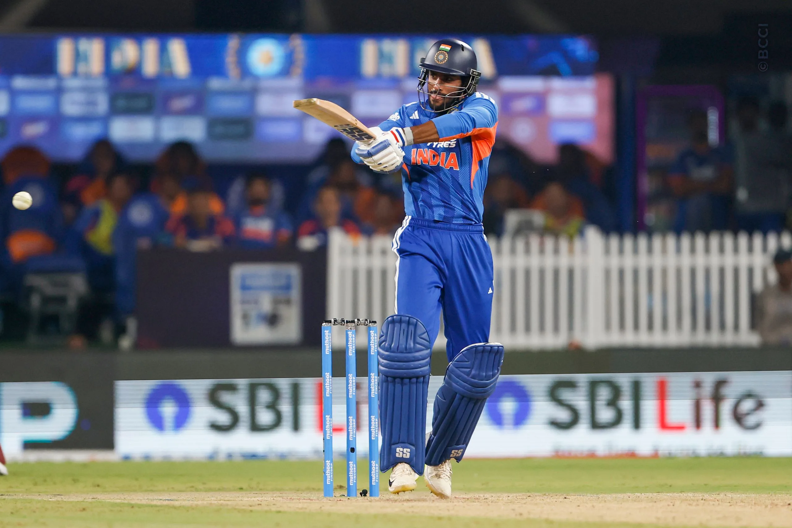Tilak Varma of India play a shots  during the 3rd T20I match between India and West Indies at the Holkar Stadium, Indore, India on October 11, 2026.

Photo: SurjeetYadav / CREIMAS for BCCI