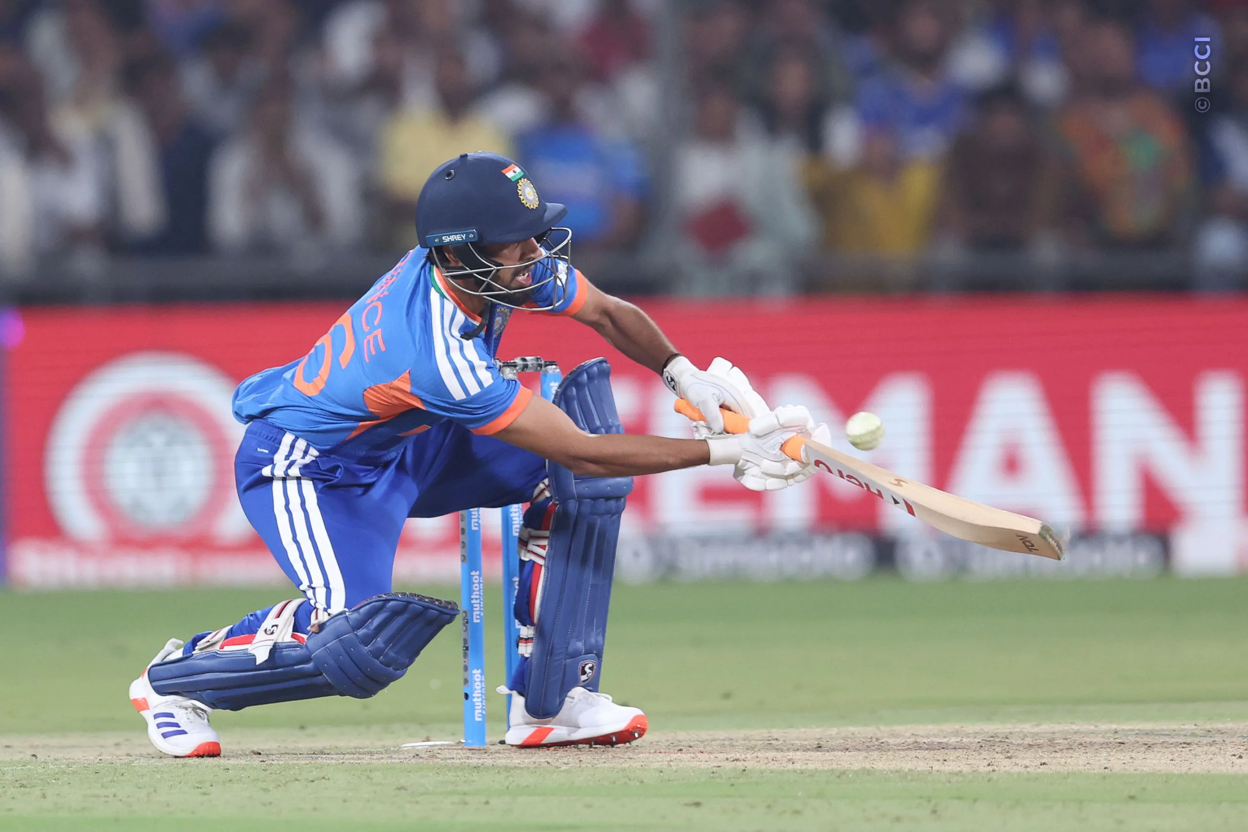 Prince Yadav of India plays a shot during the 3rd T20I match between India and West Indies at the Holkar Stadium, Indore, India on October 11, 2026.Photo: Pankaj Nangia / CREIMAS for BCCI