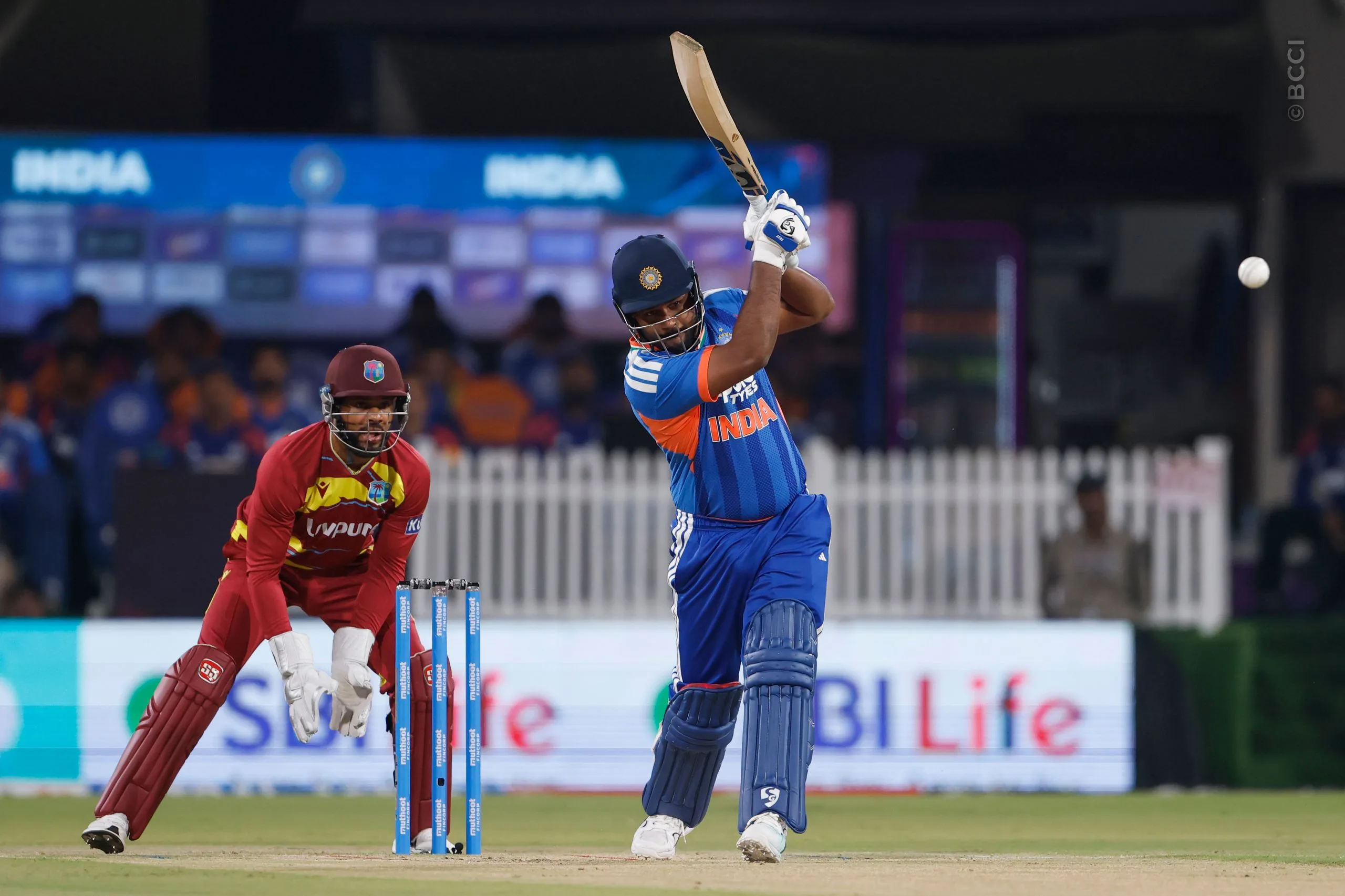Sanju Samson of India  play a shots  during the 3rd T20I match between India and West Indies at the Holkar Stadium, Indore, India on October 11, 2026.

Photo: SurjeetYadav / CREIMAS for BCCI