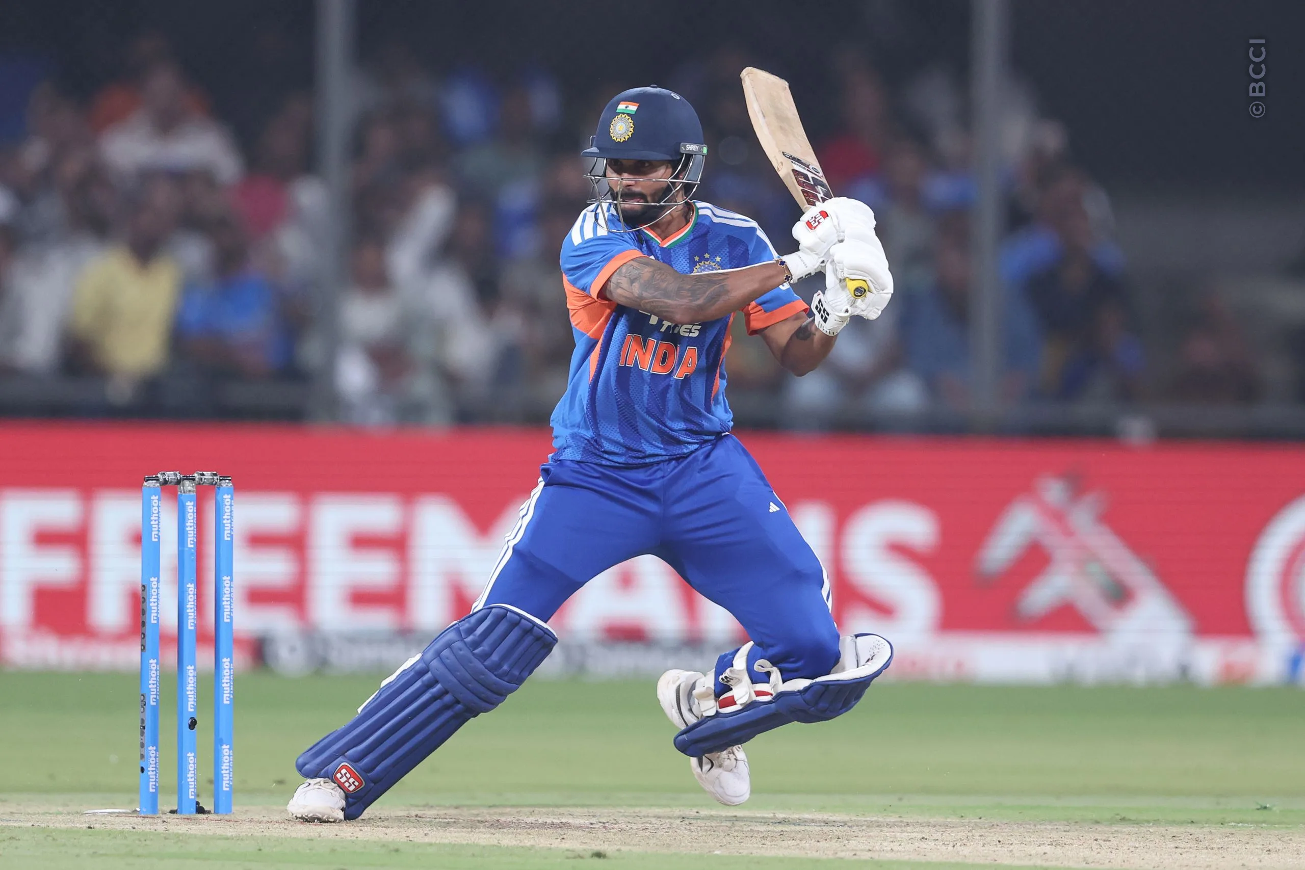 Nitish Kumar Reddy of India plays a shot during the 3rd T20I match between India and West Indies at the Holkar Stadium, Indore, India on October 11, 2026.

Photo: Pankaj Nangia / CREIMAS for BCCI