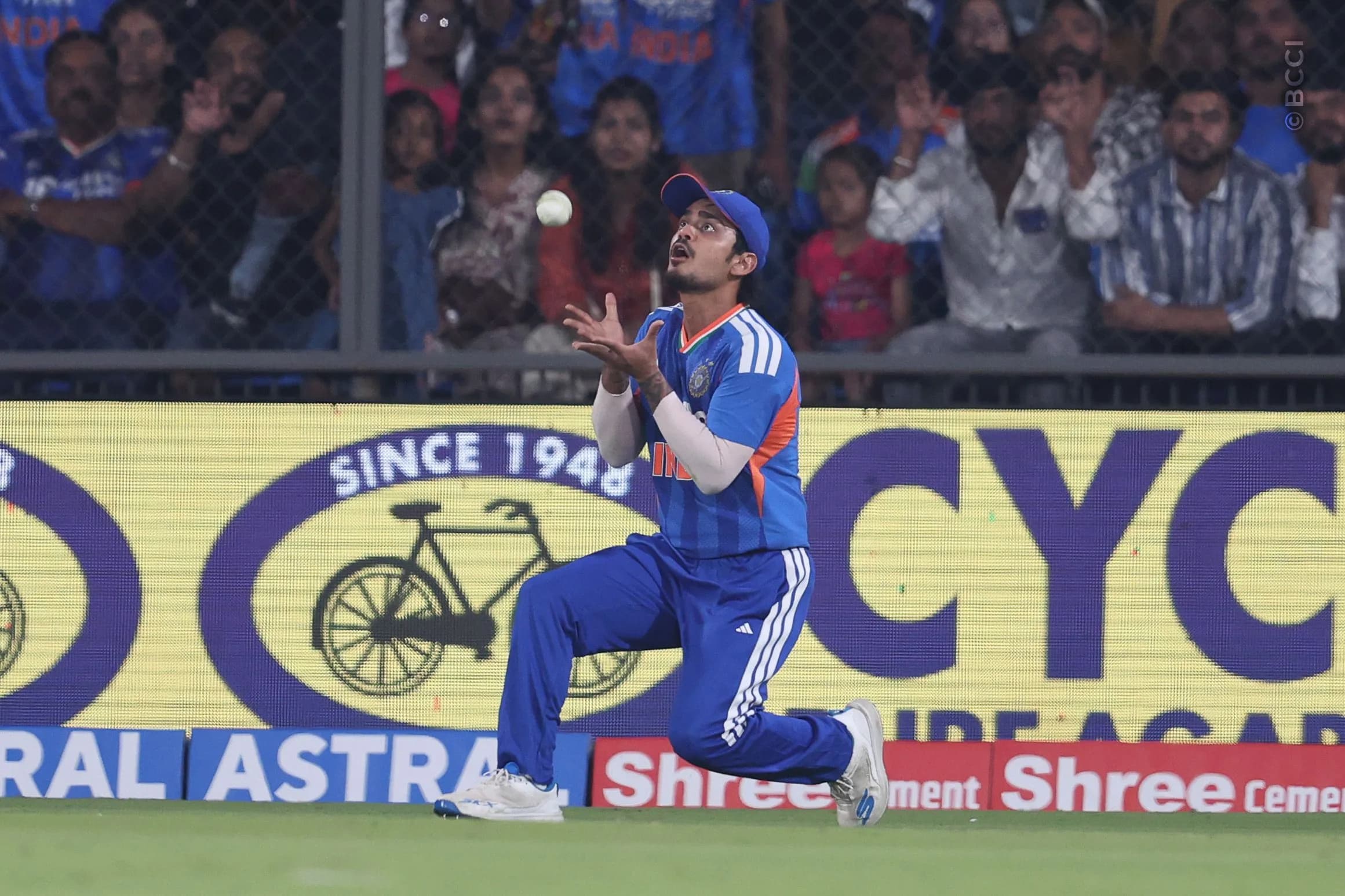 Ishan Kishan of India  takes a catch to dismiss Rovman Powell of West Indies during the 3rd T20I match between India and West Indies at the Holkar Stadium, Indore, India on October 11, 2026.Photo: Pankaj Nangia / CREIMAS for BCCI