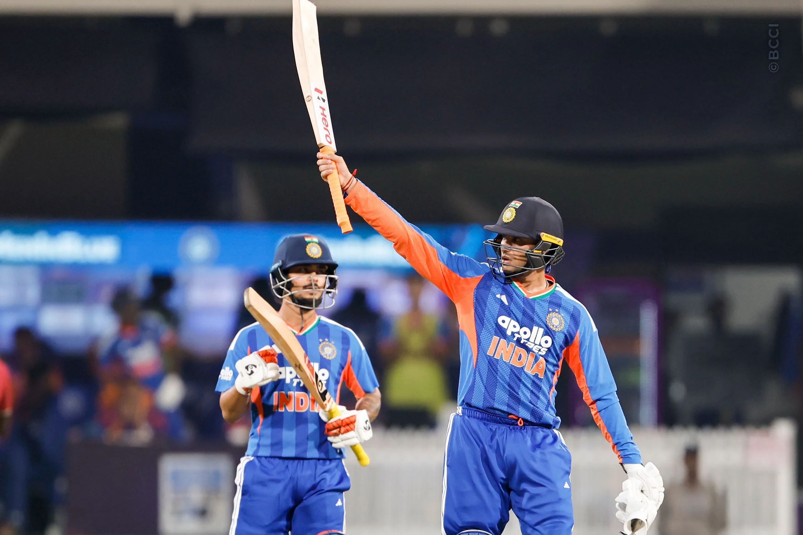 Abhishek Sharma of India celebrates the fifty  during the 3rd T20I match between India and West Indies at the Holkar Stadium, Indore, India on October 11, 2026.

Photo: SurjeetYadav / CREIMAS for BCCI