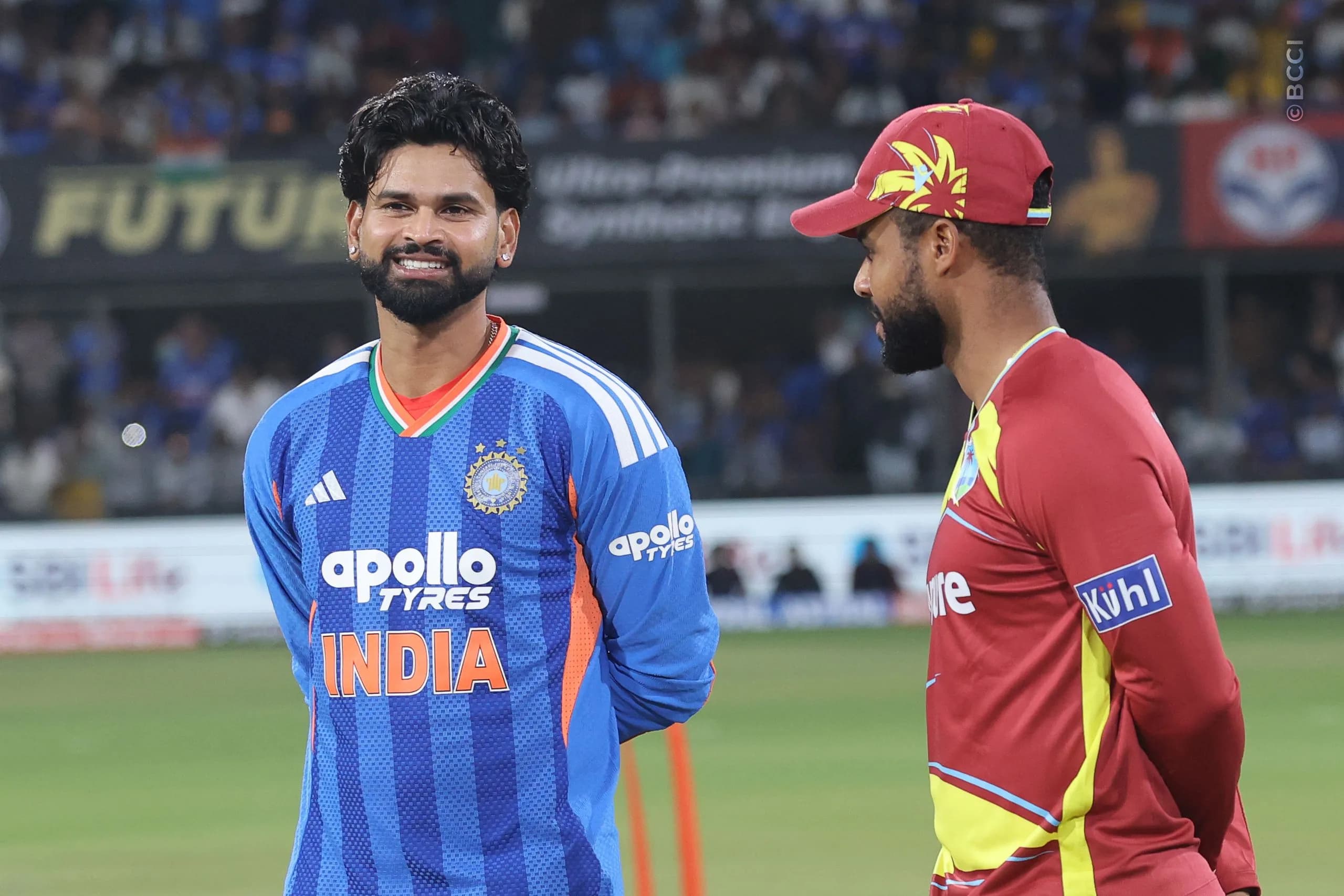 Shreyas Iyer of India and Shai Hope of West Indies at the toss during the 3rd T20I match between India and West Indies at the Holkar Stadium, Indore, India on October 11, 2026.

Photo: Pankaj Nangia / CREIMAS for BCCI