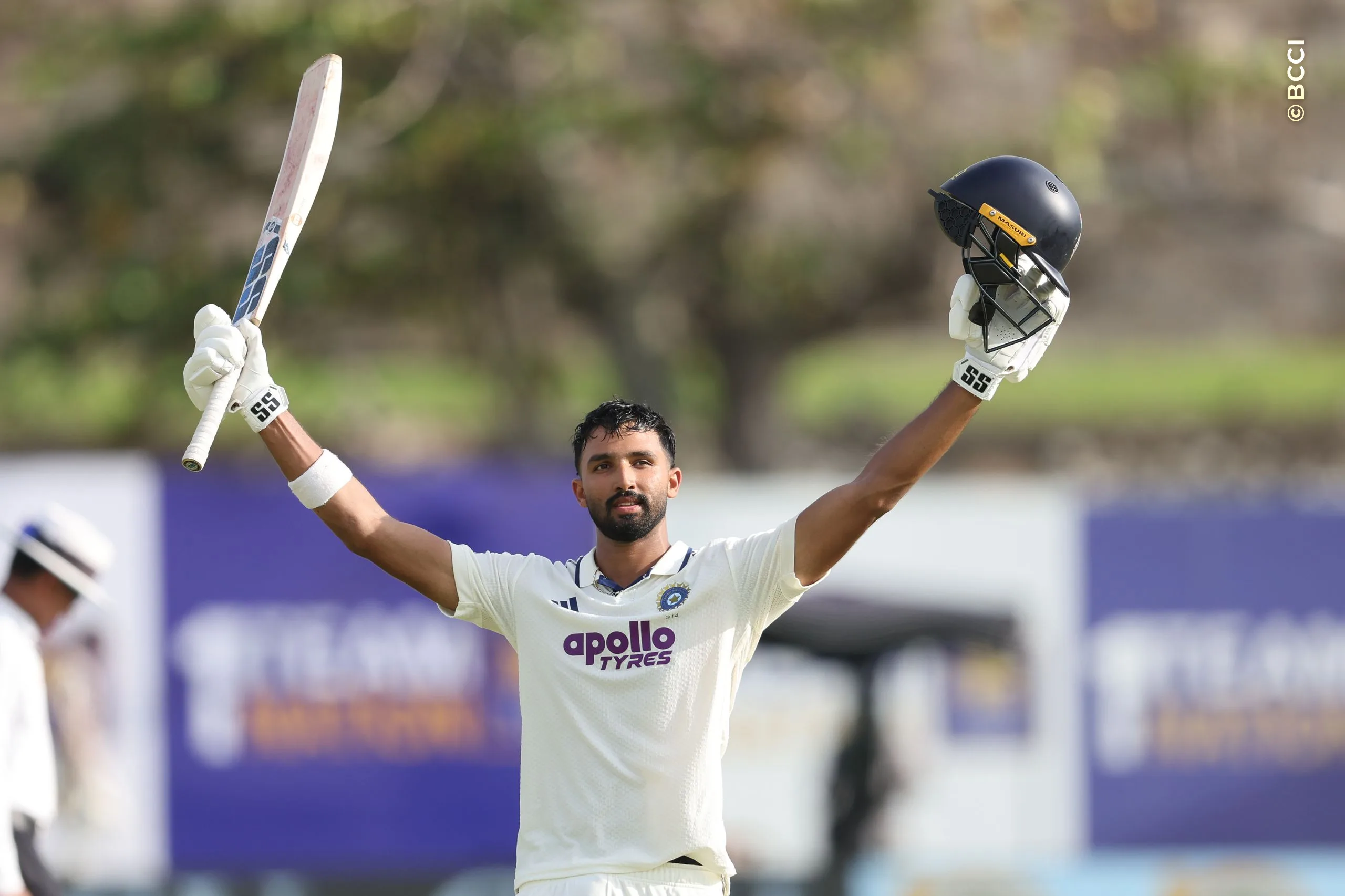 Devdutt Padikkal of India celebrates after scoring a hundred during Day 1 of the 1st Test match between Sri Lanka and India at the Galle International Stadium, Galle, Sri Lanka, on August 15, 2026.


Photo by Pankaj Nangia / CREIMAS for BCCI