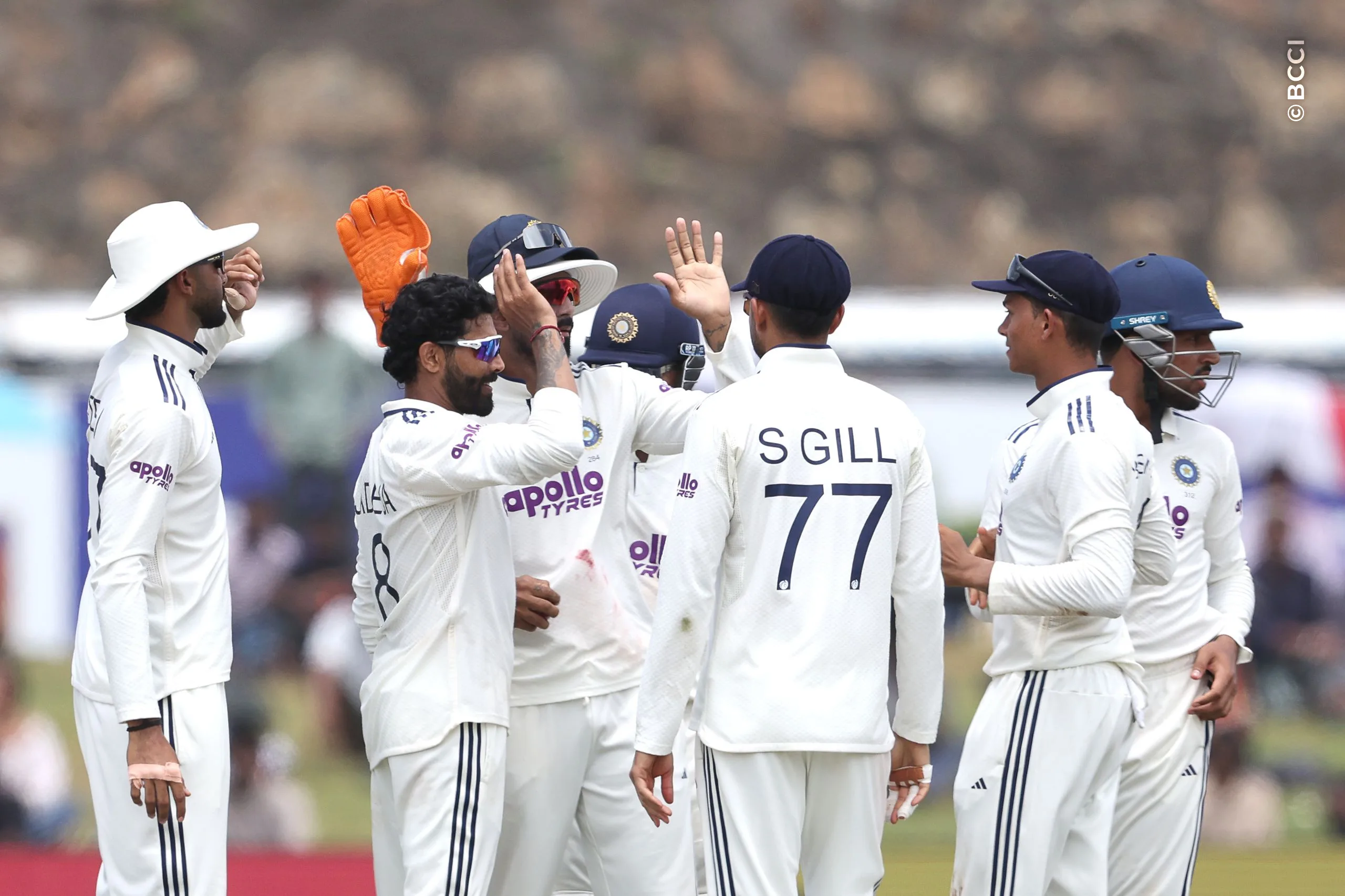 Ravindra Jadeja of India  celebrates the wicket of Dhananjaya de Silva of Sri Lanka during Day 3 of the 1st Test match between Sri Lanka and India at the Galle International Stadium, Galle, Sri Lanka, on August 17, 2026.


Photo by Pankaj Nangia / CREIMAS for BCCI