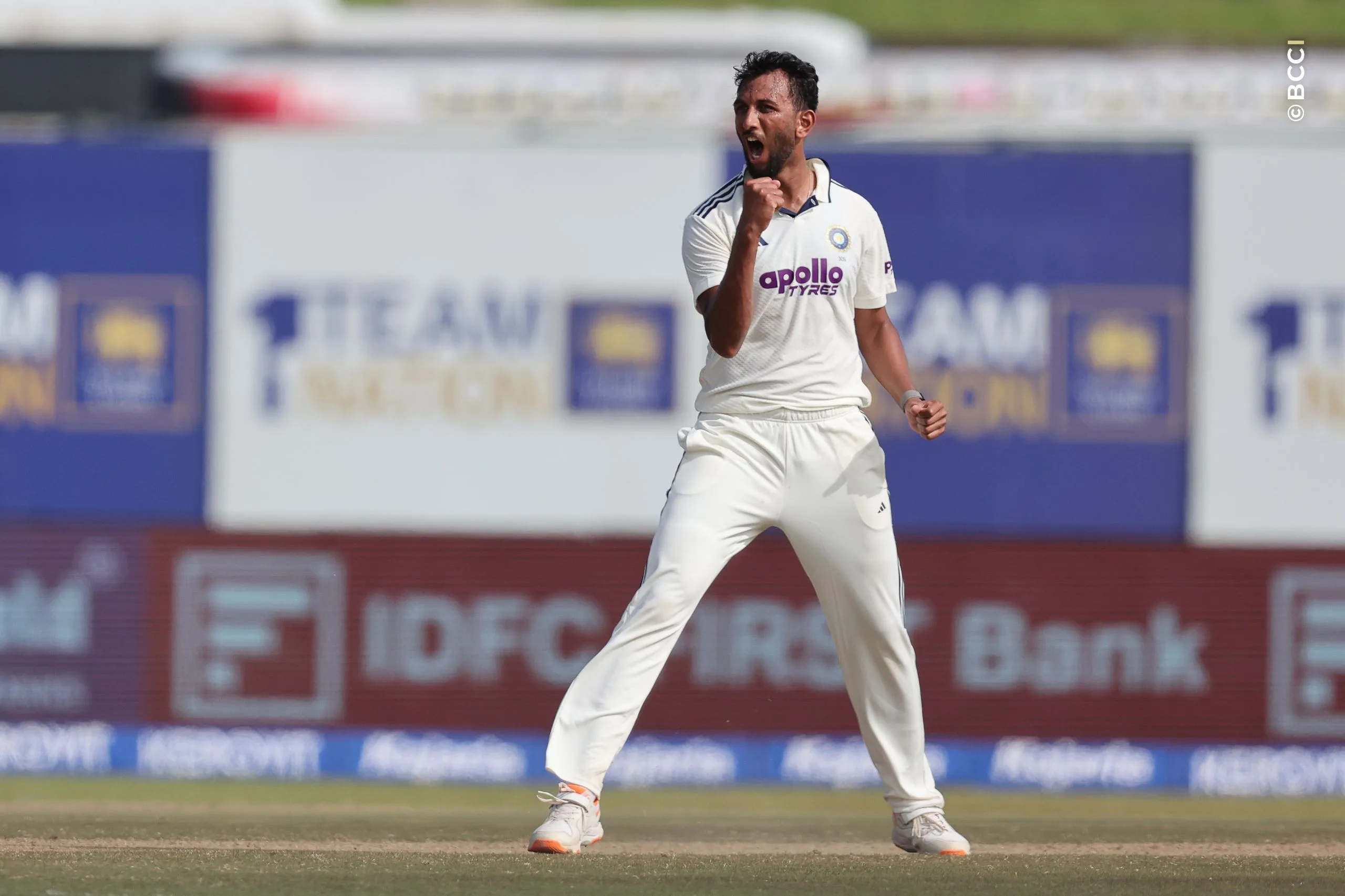Prasidh Krishna of India celebrates the wicket of Niroshan Dickwella of Sri Lanka during Day 3 of the 1st Test match between Sri Lanka and India at the Galle International Stadium, Galle, Sri Lanka, on August 17, 2026.


Photo by CREIMAS for BCCI