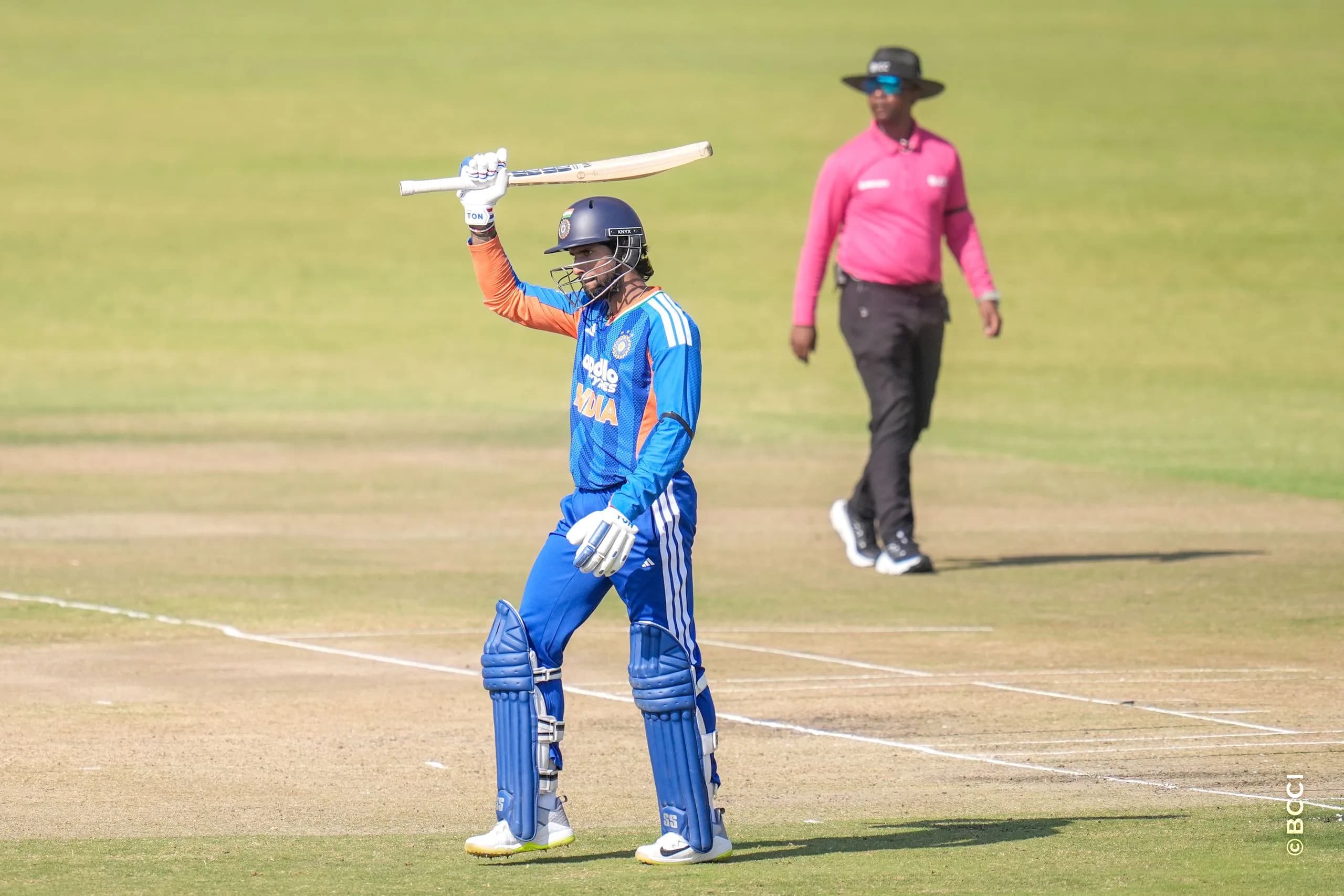 Tilak Varma (VC) of India raises his bat after scoring a fifty during the 2ND T20 International match between Zimbabwe and India at the Harare Sports Club, Harare, Zimbabwe on July 25, 2026.Photo: Faheem Hussain / CREIMAS for BCCI