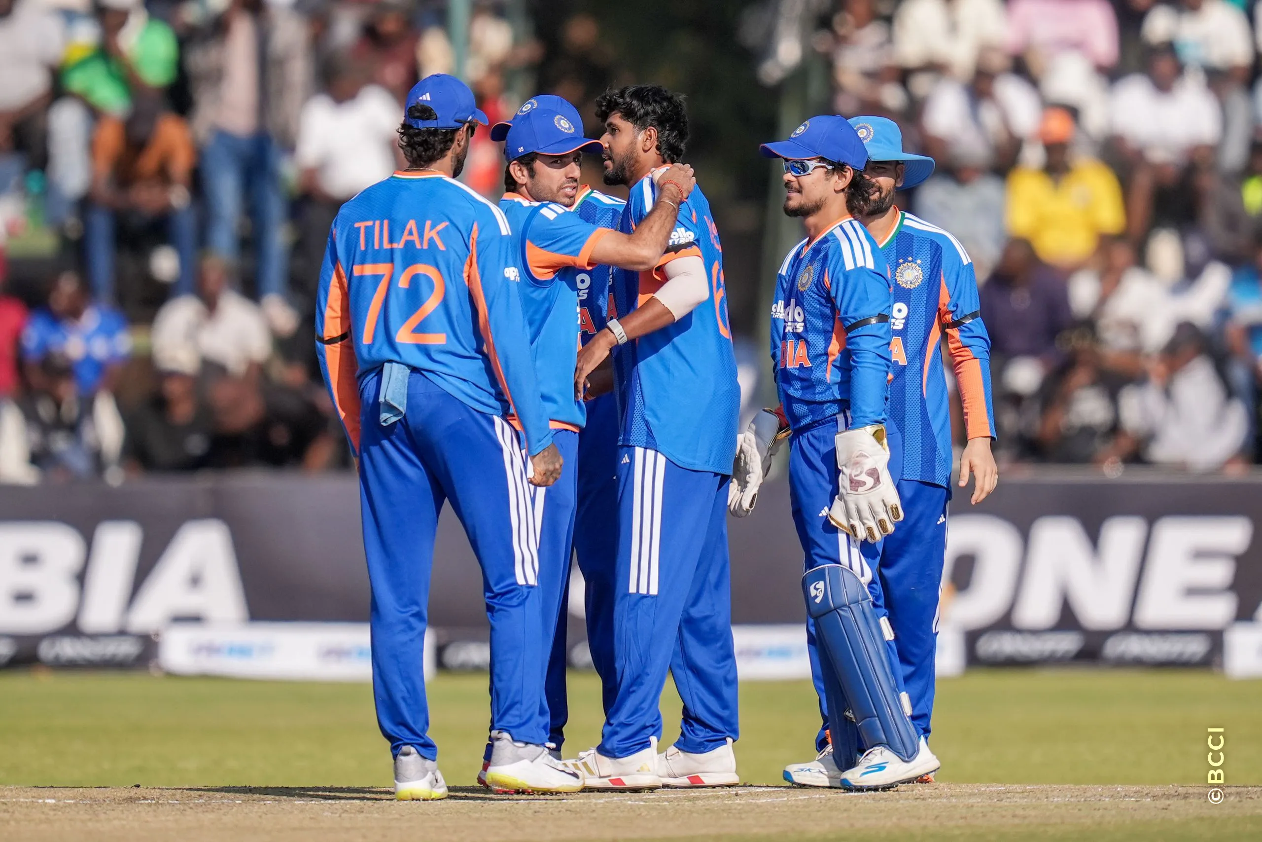 Yash Thakur of India celebrates the wicket of Brian Bennett of Zimbabwe during the 2ND T20 International match between Zimbabwe and India at the Harare Sports Club, Harare, Zimbabwe on July 25, 2026.Photo: Faheem Hussain / CREIMAS for BCCI