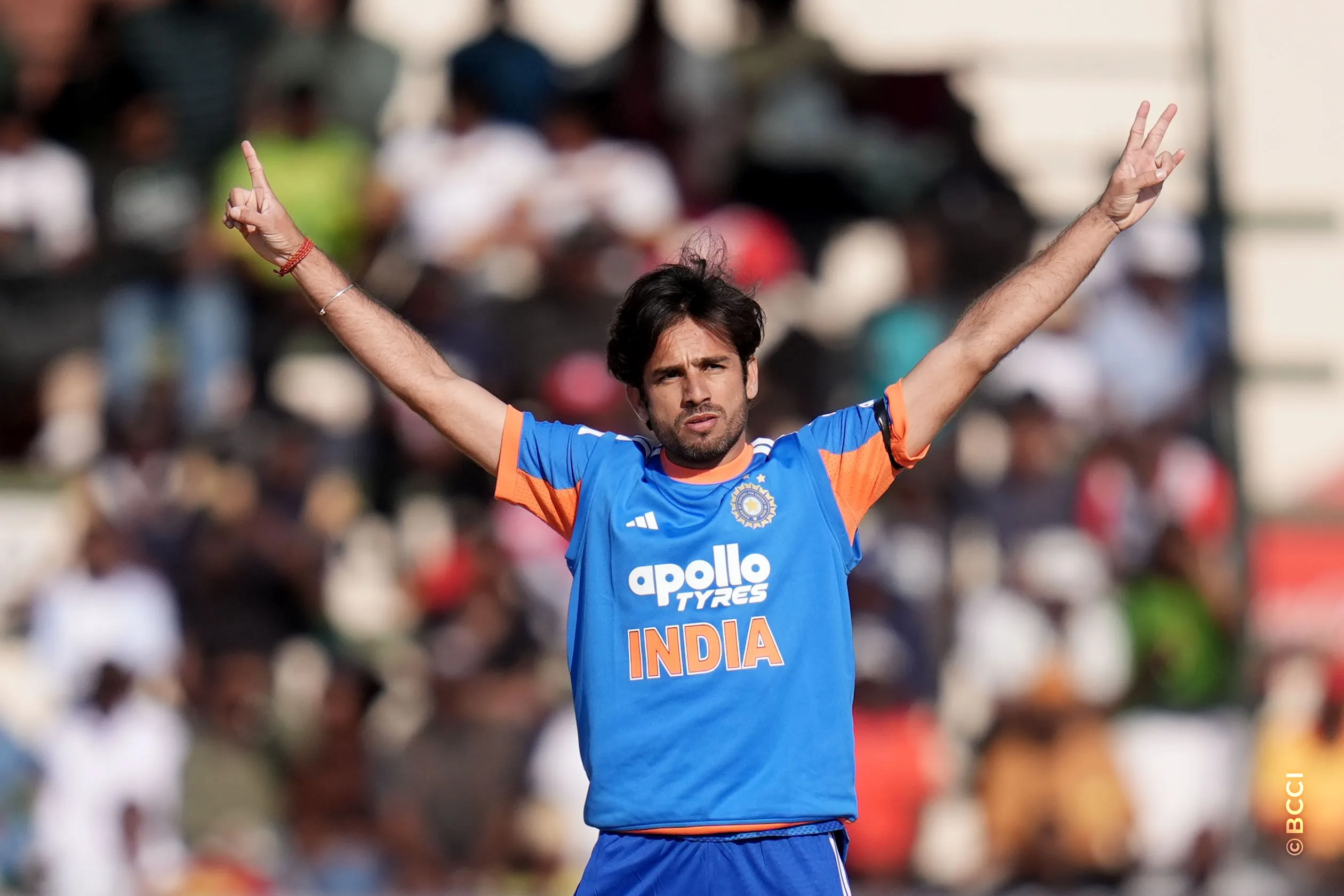 Ravi Bishnoi of India celebrates the wicket of Dion Myers of Zimbabwe during the 2ND T20 International match between Zimbabwe and India at the Harare Sports Club, Harare, Zimbabwe on July 25, 2026.Photo: Faheem Hussain / CREIMAS for BCCI